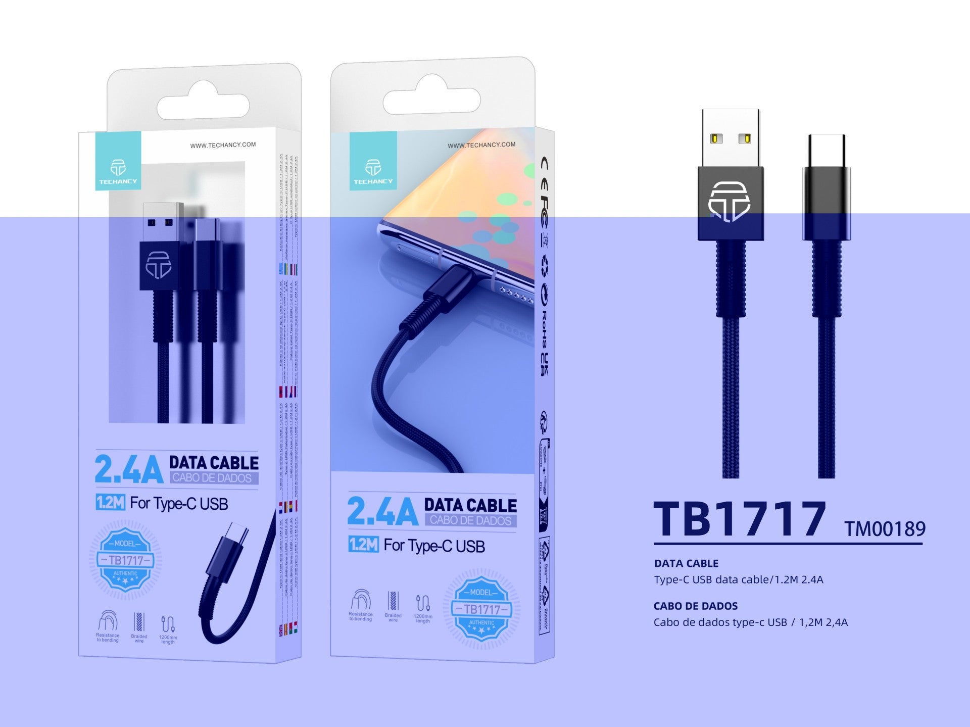 Techancy Cabo De Dados Usb- Tipo C Preto TB1717, Carregamento Rápido De 2,4 A, Liga De Alumínio + Entrançado 1,2 M