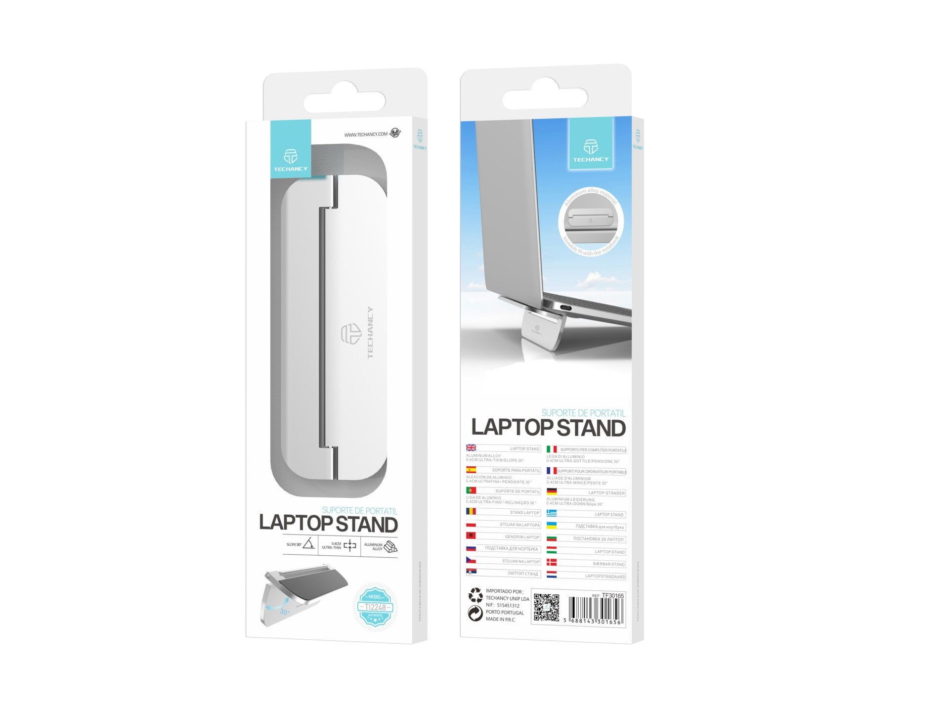 Suporte portátil para computador portátil Techancy, fabricado em metal CNC, TI2248, prateado