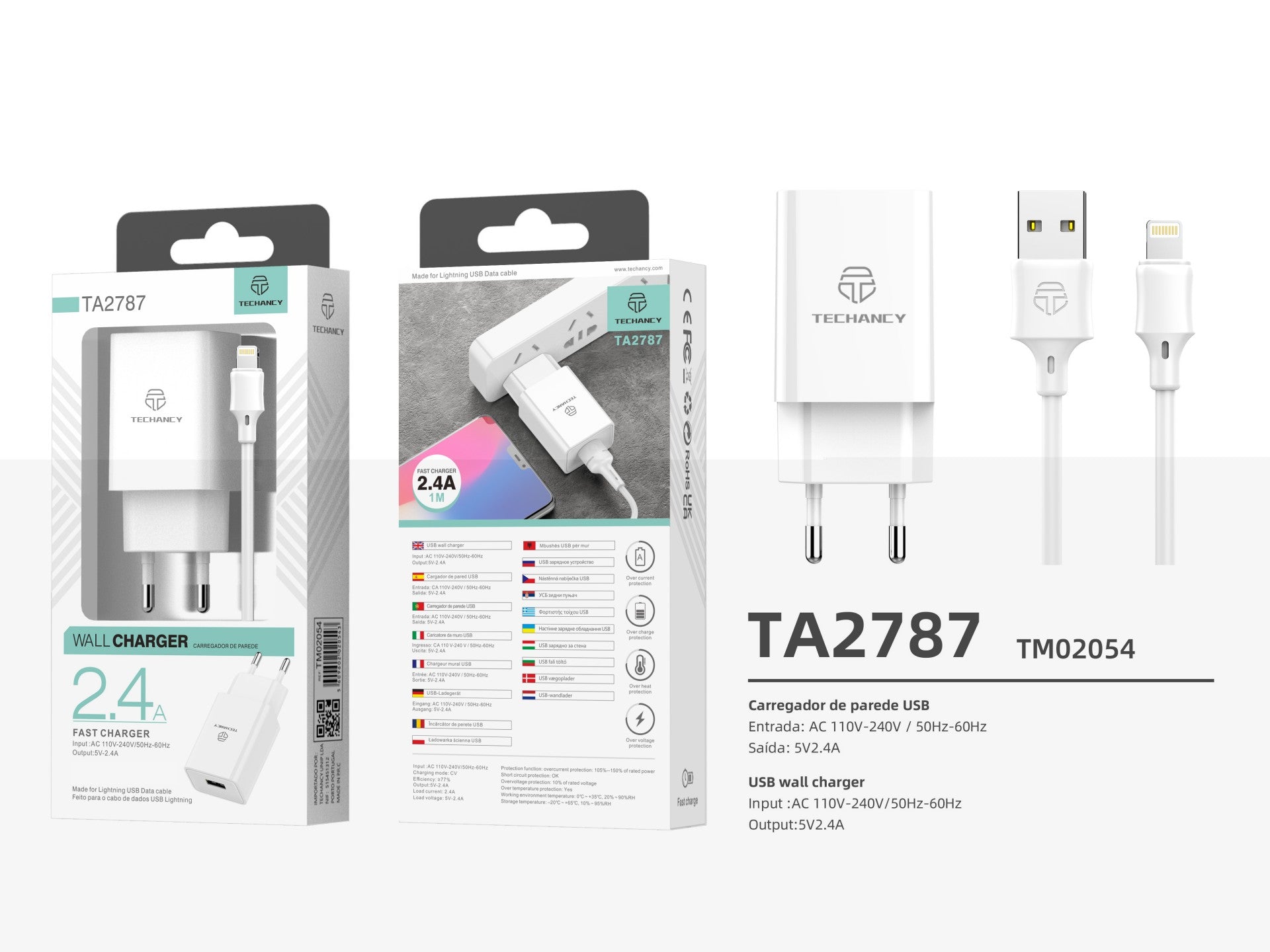 Techancy Carregador De Telemóvel Branco TA2787, Saída Usb 5v-2.4a Carregamento, Conjunto De Carregador De Cabo Usb-Ip 1m