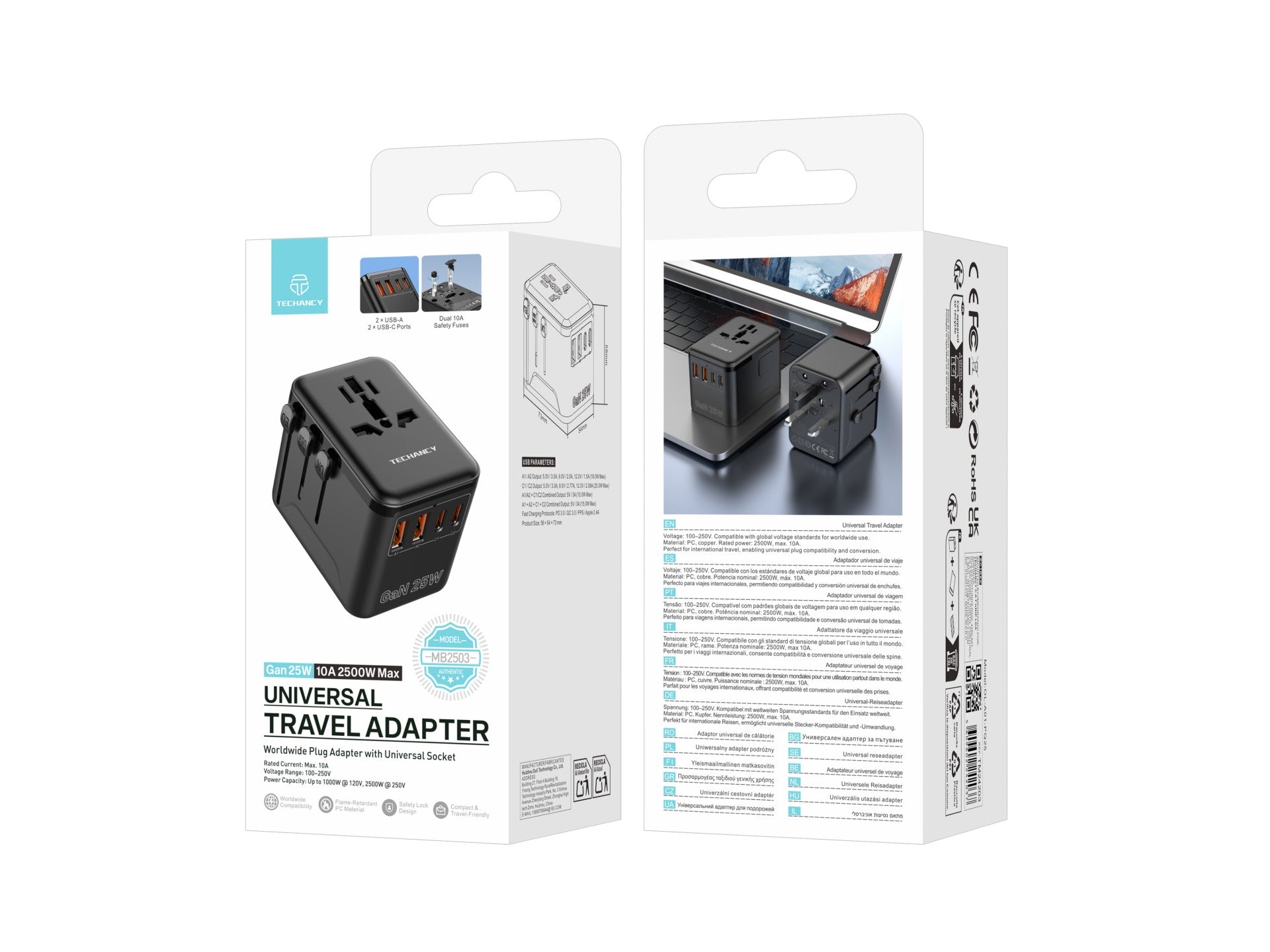Techancy Universal Travel Adapter MB2503 Converter World Socket GaN 25W 2500W 10A Compatibility UK EU US AUS With USB Black