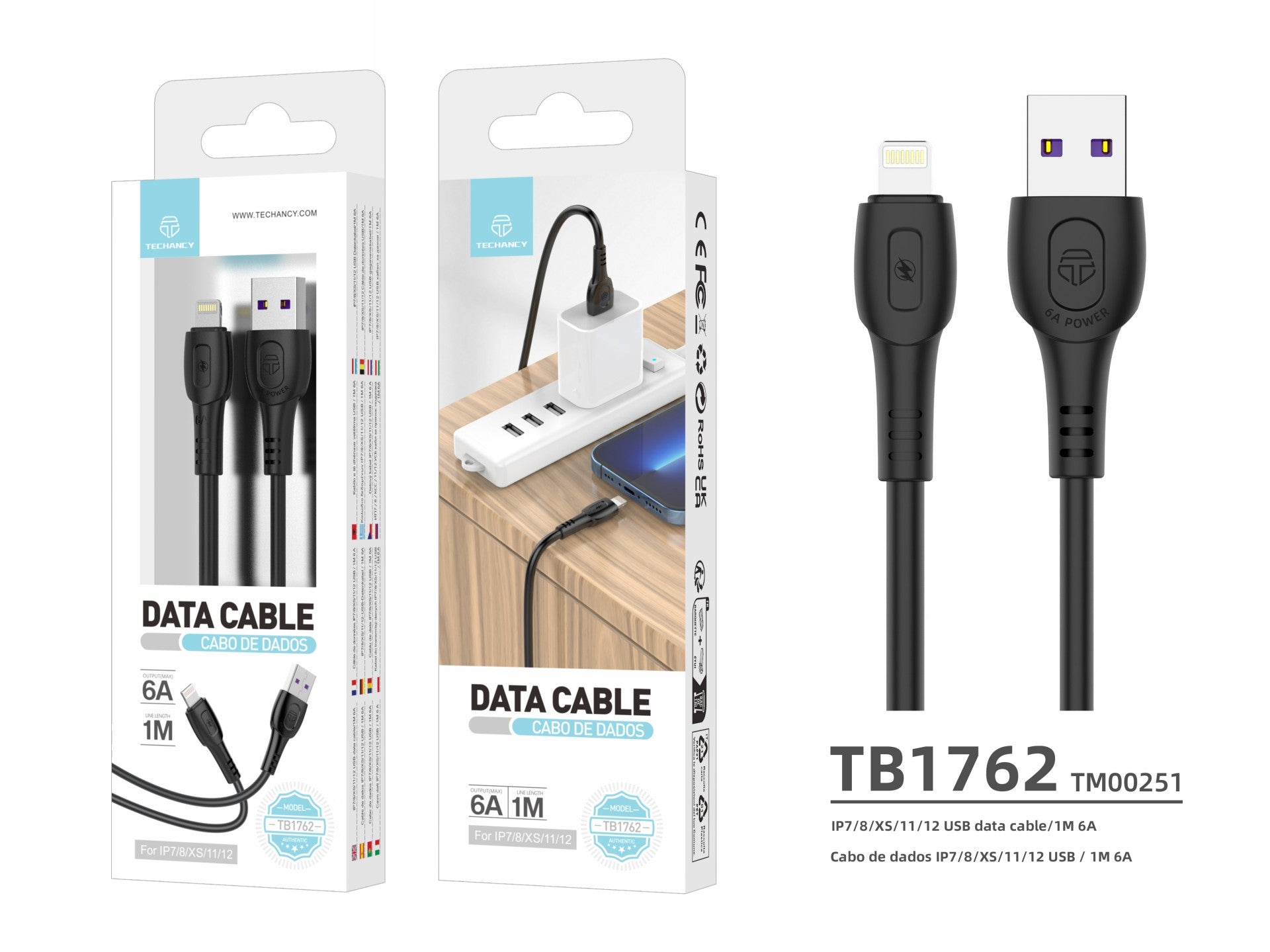 Cable de datos de carga superrápida Techancy 6A, negro TB1762, puerto USB-Tip8/X/11-14, 1 m de longitud, carga rápida
