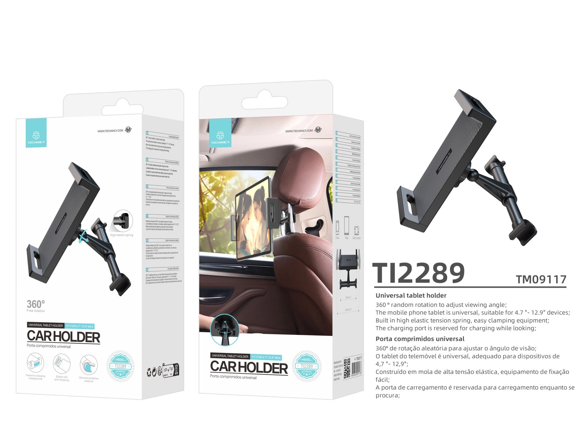 Techancy Suporte Universal Para Tablets TI2289, Vista Giratória De 360° Para Dispositivos De 4,7 - 12,9 Polegadas, Preto