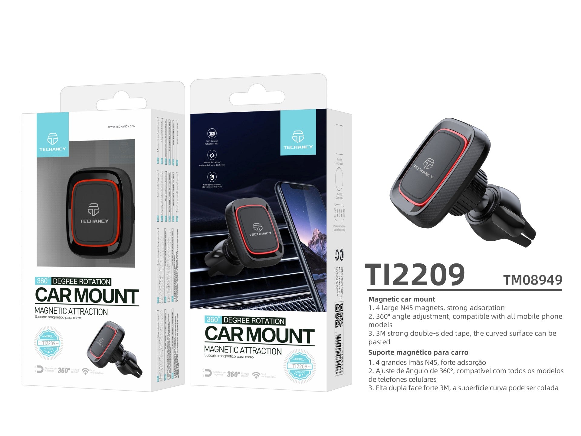 Techancy Suporte Magnético Para Telemóvel Para Automóvel Ti2209, Forte Capacidade De Adsorção Magnética. Preto E Vermelho