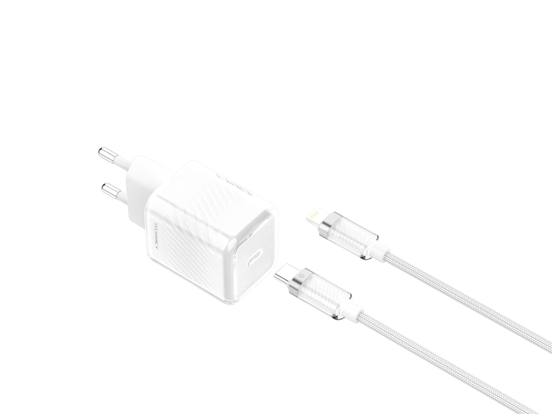 Techancy 20W Mobile Phone Charger White TA2816, USB-C PD GaN Fast Charging, USB C to Lightning Cable Set 1m/30w