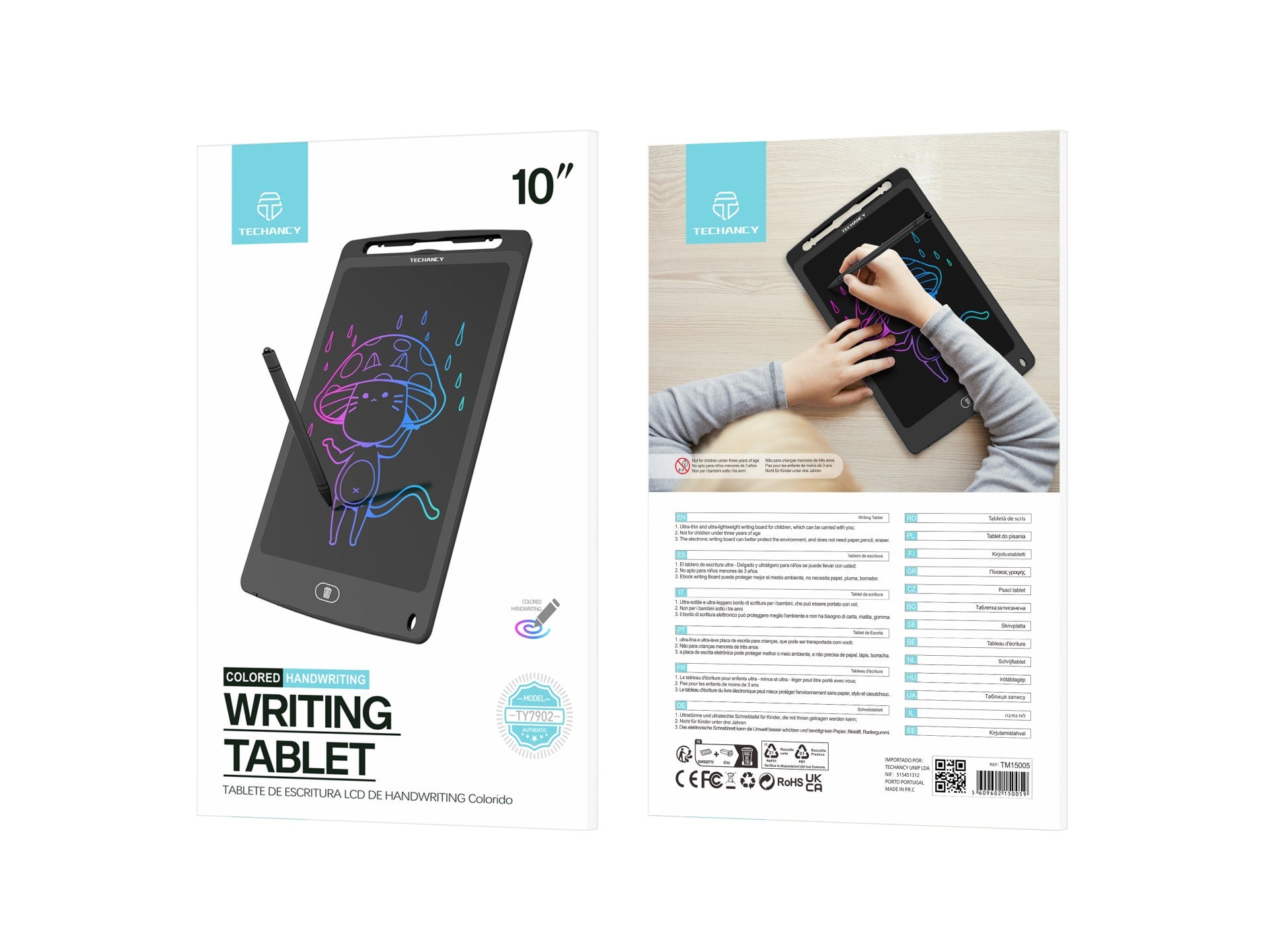 Techancy Tablet De Desenho De Caligrafia 10' TY7902, Lcd Para Desenho A Cores, Fino E Portátil, Apagar Com Um Toque, Preto