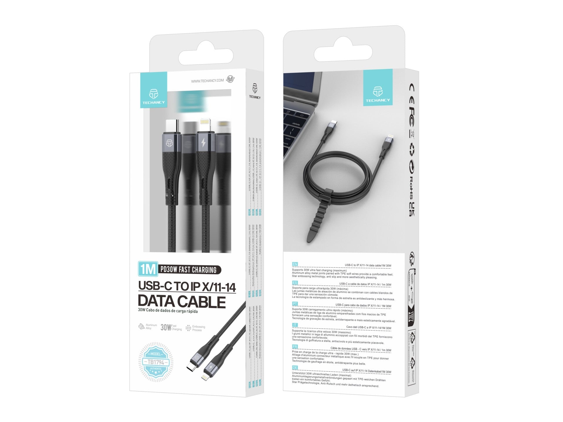 Techancy Cabo de carregamento rápido PD USB C para Lightning Preto TB1779, carregamento rápido de 30 W, comprimento 1 m