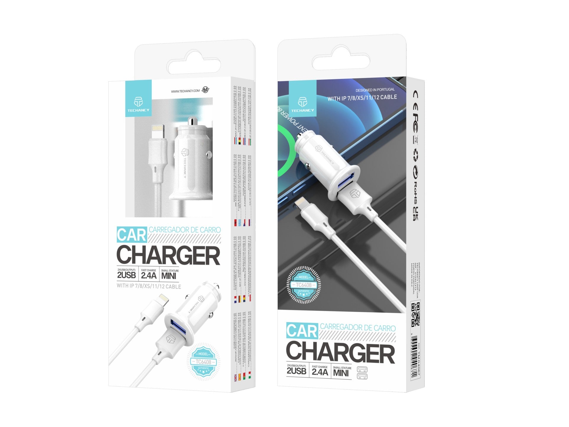 Techancy Carregador De Automóvel Mini TC6408, Carregamento 2usb 2.4A, Kit De Dados Com Cabo Usb-Lightning 1m,branco