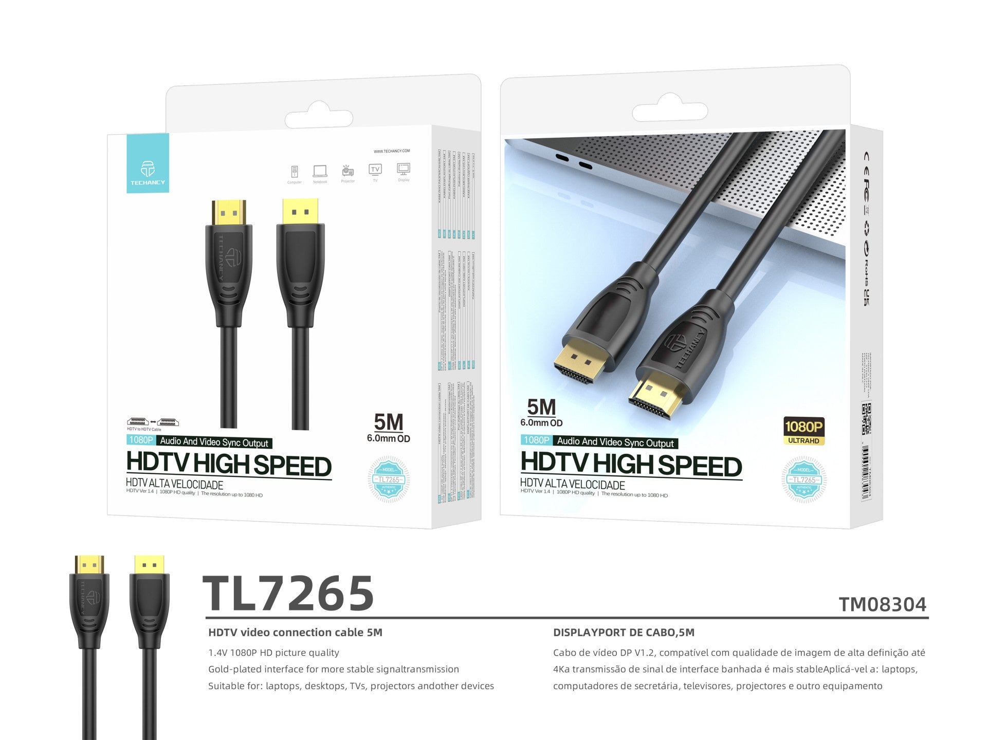 Techancy Cabo Hdtv De Alta Velocidade TL7265,5m, Ecrã Hd 1080p Para Televisores, Computadores, Projectores E Consolas