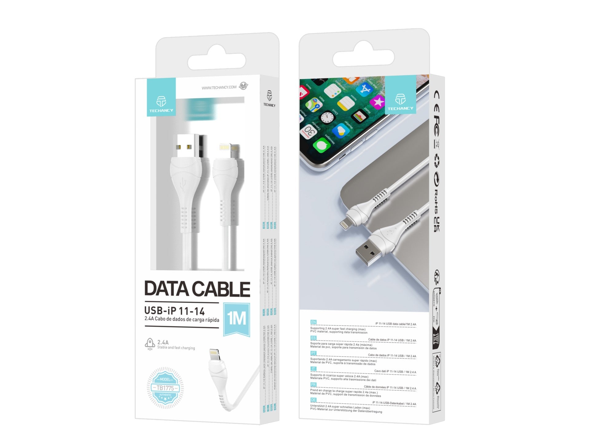Techancy Cabo Usb-Lightning Branco 1m TB1775,Carregamento Rápido 2.4a, Suporta Transmissão De Dados, Material Pvc