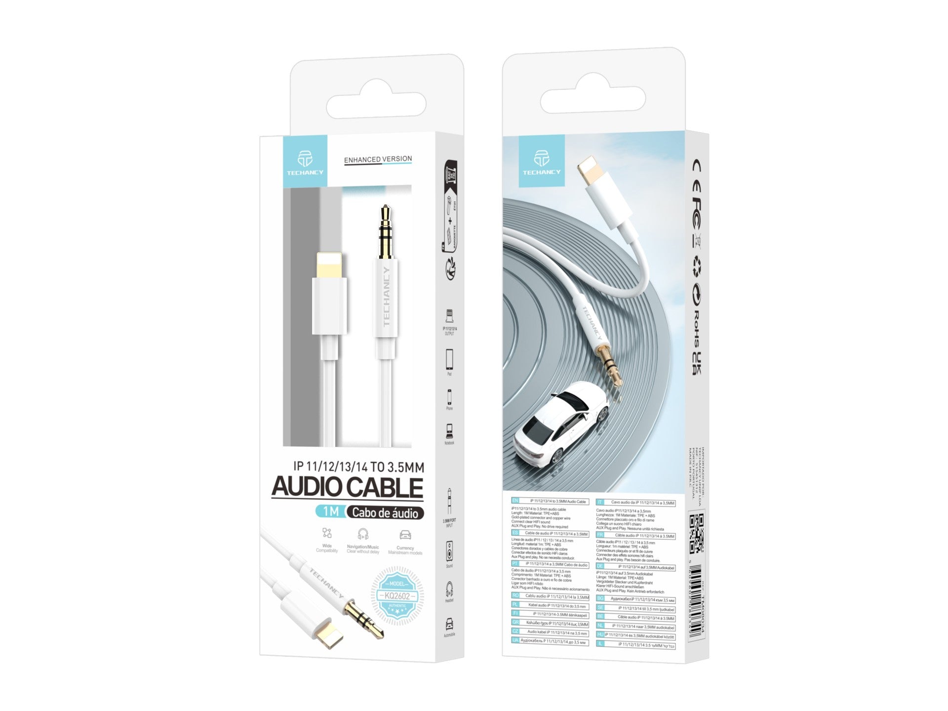 Techancy Cabo Áudio Aux Automotive KQ2602, Iph8/X/11-14 Para 3,5 Mm, 1 Metro, Qualidade De Som Hifi,Branco