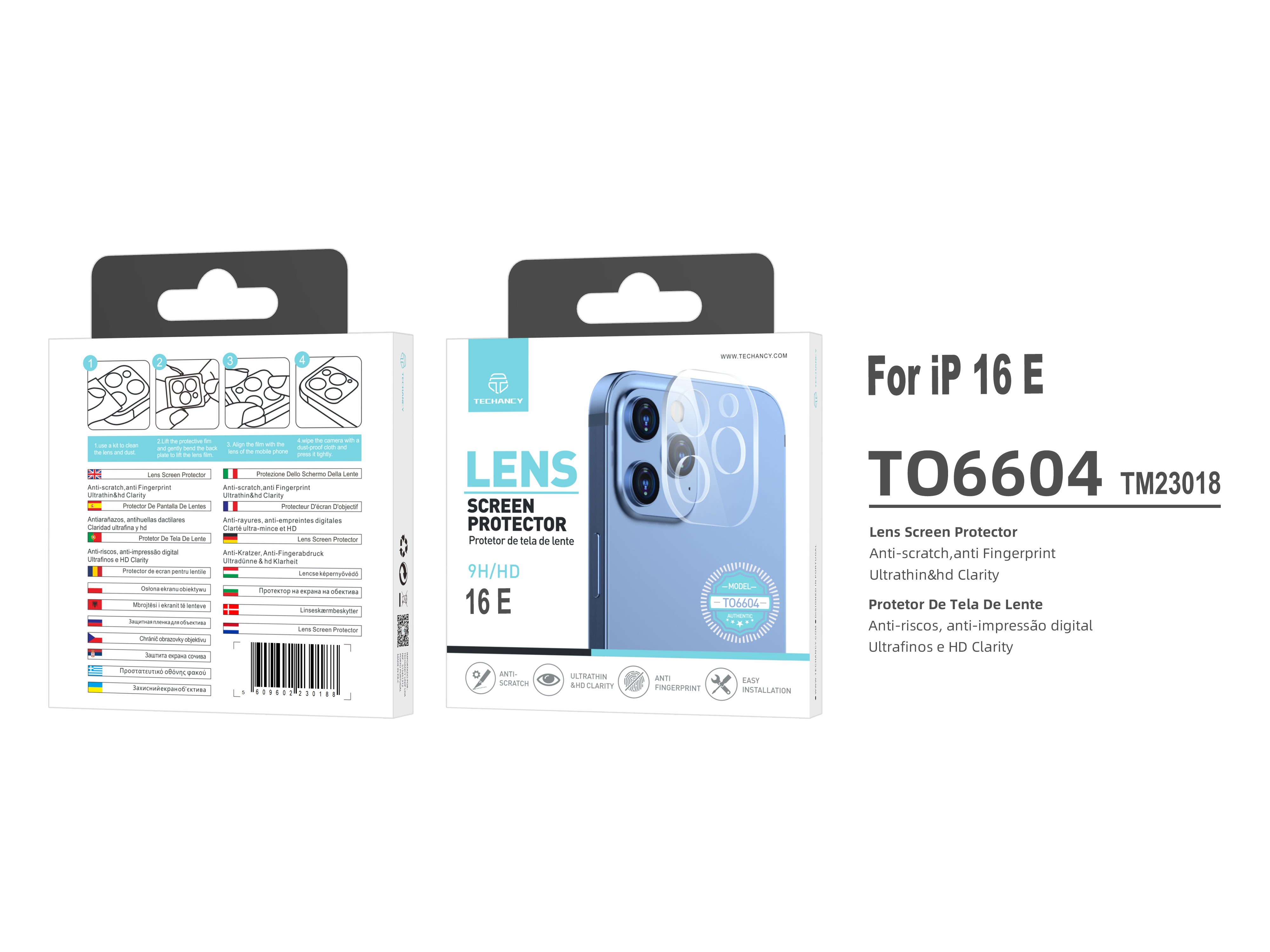 Protector de lente Techancy para iPhone 16 y TO6604 9H Anti-rayaduras Impresión HD Transparente