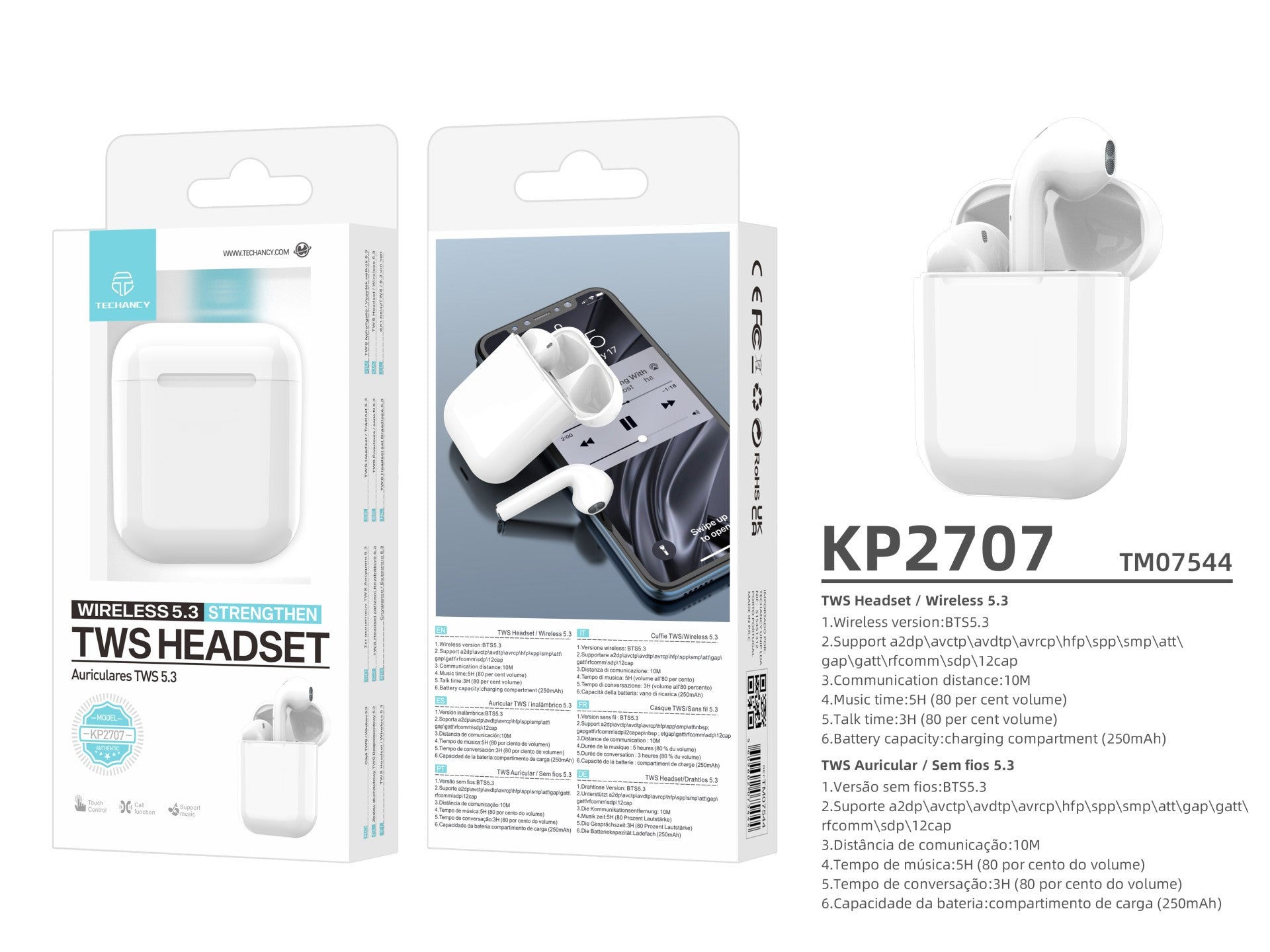 Techancy Auricular Sem Fios Tws Branco KP2707, Bluetooth 5.3, Auricular Estéreo Com Conversação, Reprodução De Música 5h