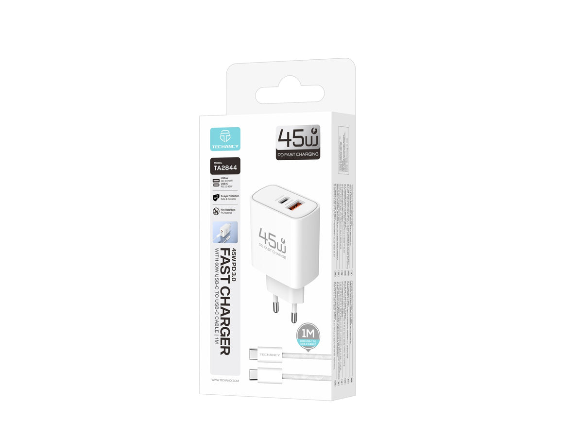 Carregador USB-C 45W TECHANCY TM02128, PD 3.0 PPS, USB-A QC 3.0, Carregamento Rapido, com Cabo USB-C para USB-C 60W de 1 m