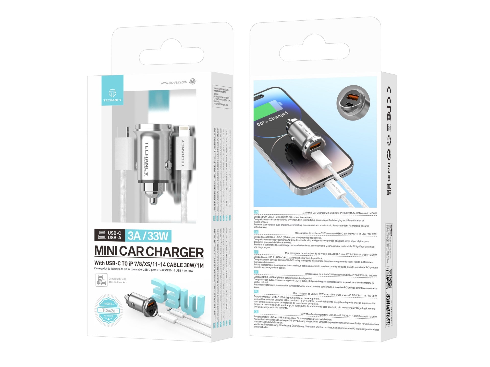 Cargador mini Techancy TC6426, 33 W, USB-A+USB-C, con cable USB-C a Lightning de 1 m, aleación de aluminio, compatible con iPhone