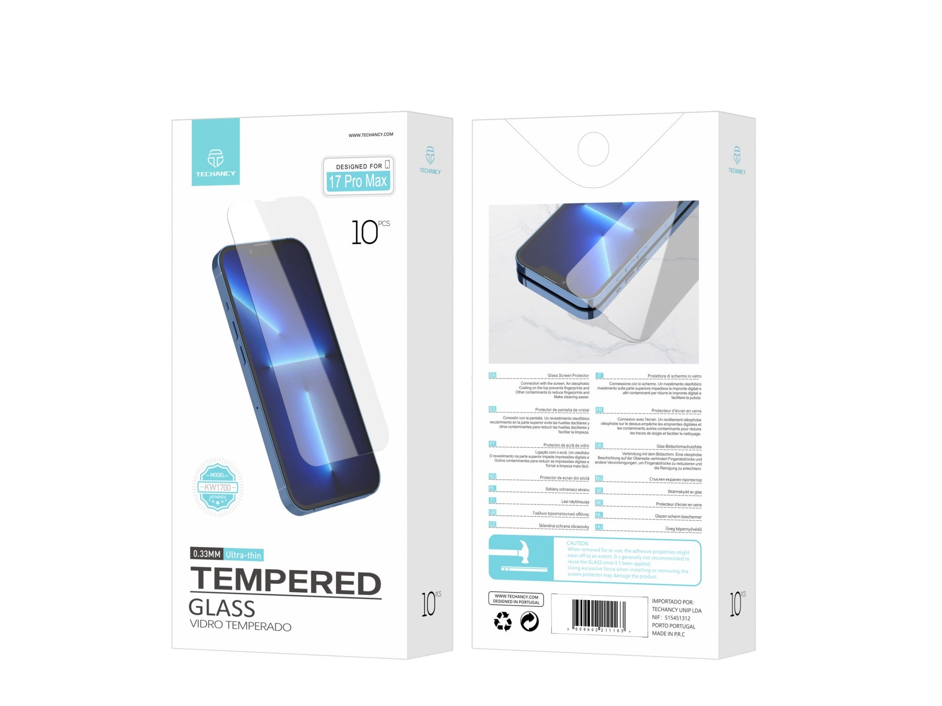 Protector de pantalla de vidrio templado Techancy para iPhone 17 Pro Max KW1700, 0,33 mm, ultrafino, antihuellas, antiarañazos, HD transparente