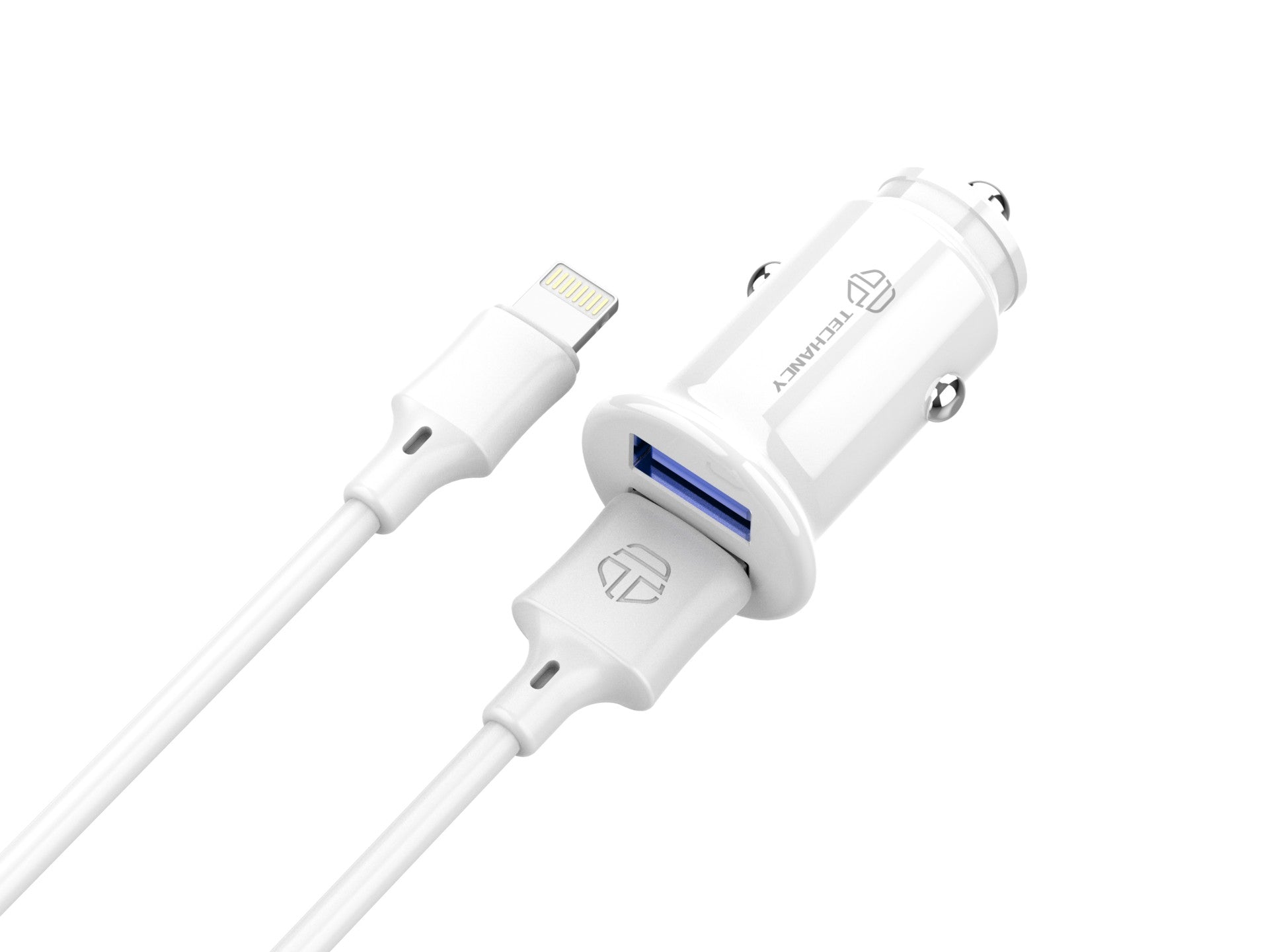 Techancy Carregador De Automóvel Mini TC6408, Carregamento 2usb 2.4A, Kit De Dados Com Cabo Usb-Lightning 1m,branco