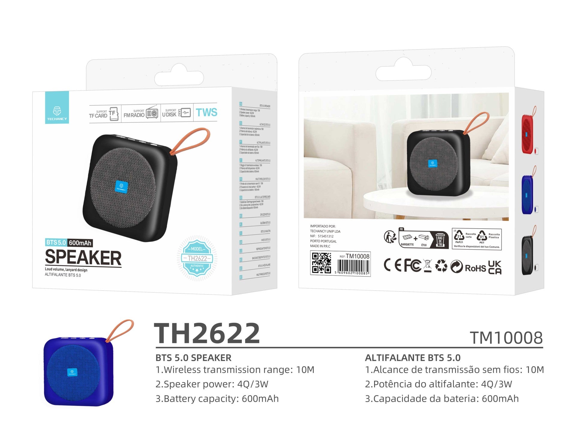 Techancy TH2622 Blue Bluetooth Speaker, Portable and Compact Size, Supports TF/FM/USB/TWS, Powerful Sound.