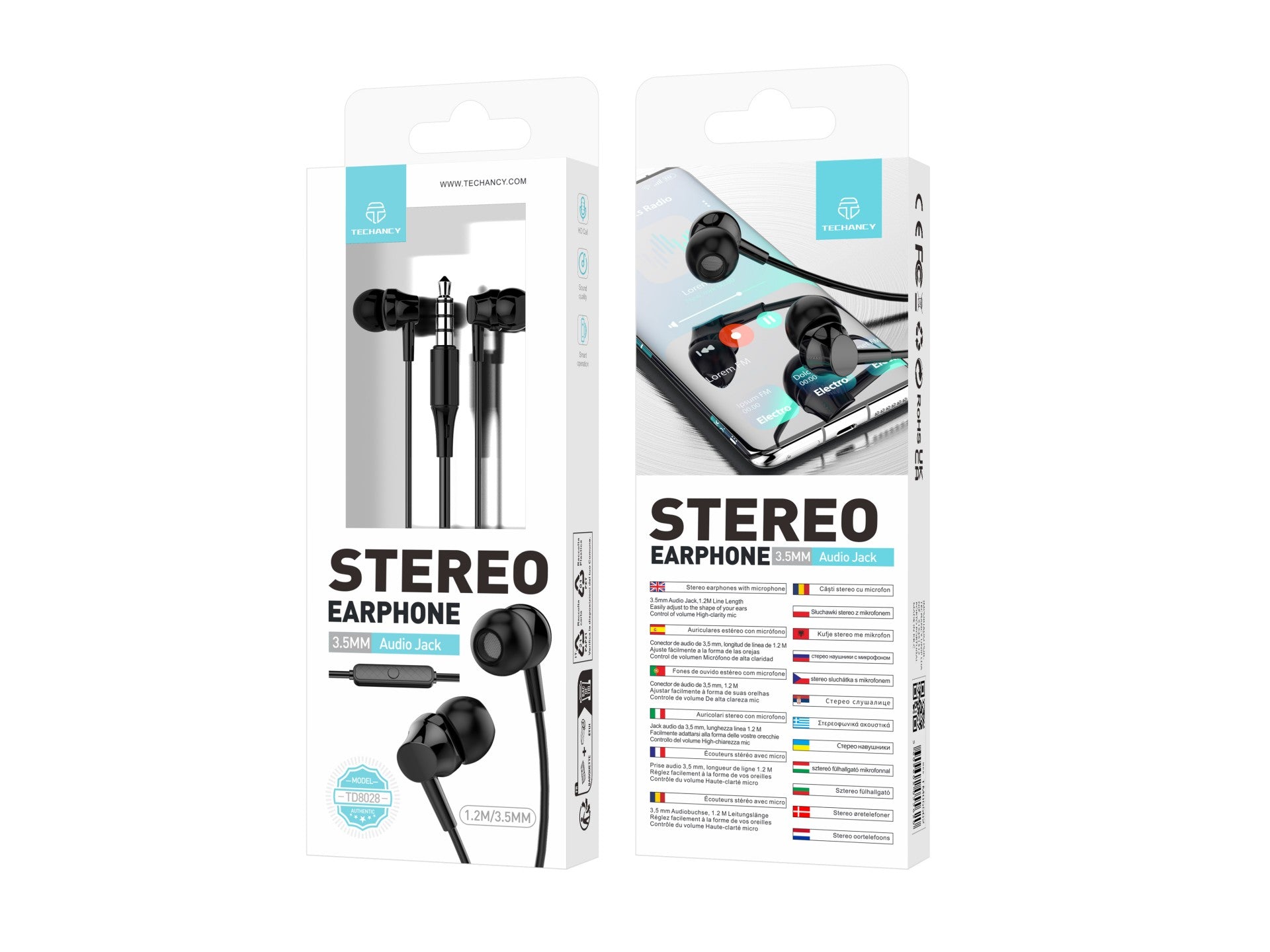 Techancy White In-Ear Headphones 1.2M TD8028, with Microphone Volume Control, 3.5mm Connector
