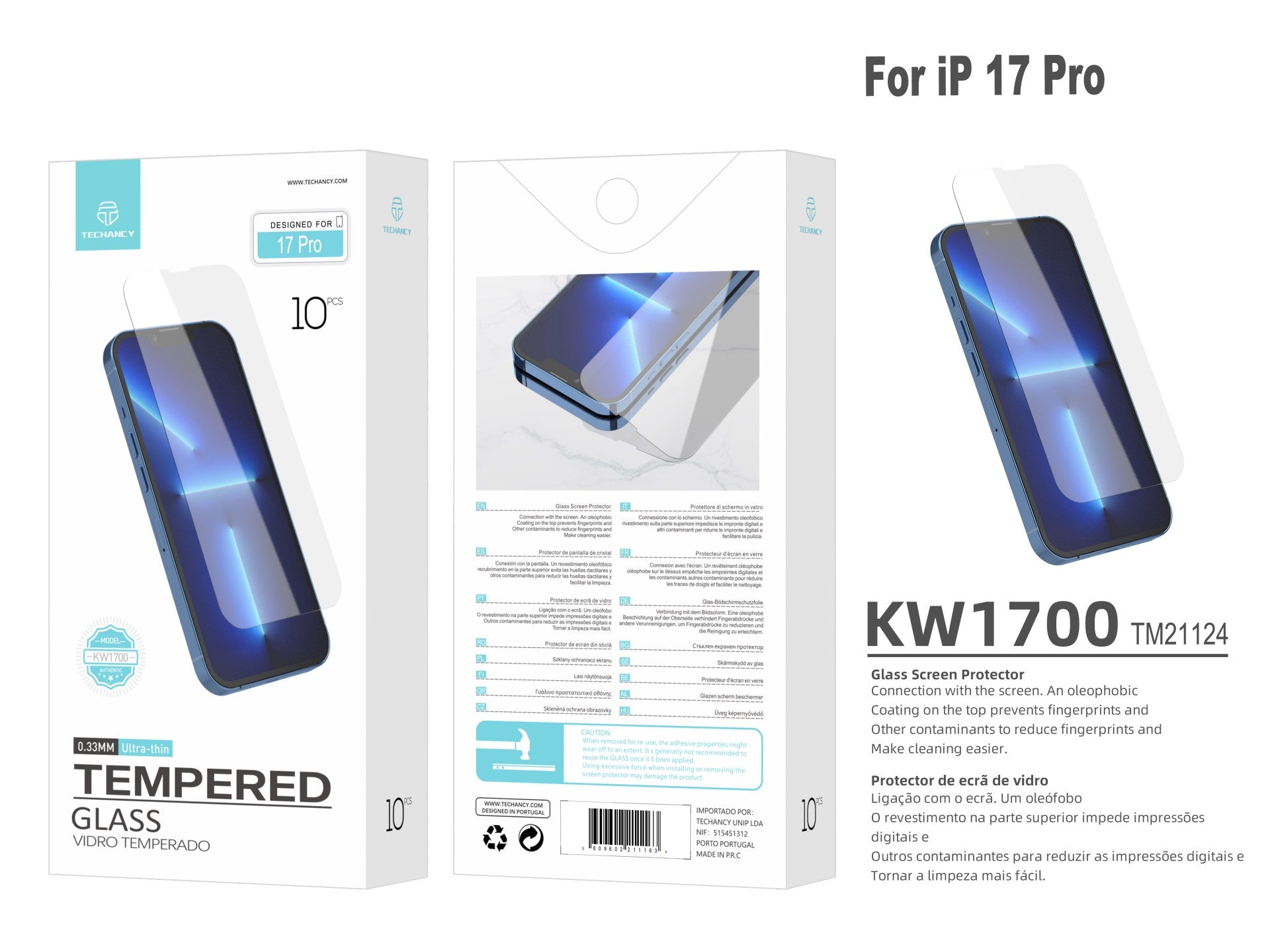 Techancy Tempered Glass Screen Protector for iPhone 17 Pro KW1700, 0.33MM Ultra Thin, Anti-Fingerprint, Anti-Scratch, HD Clear