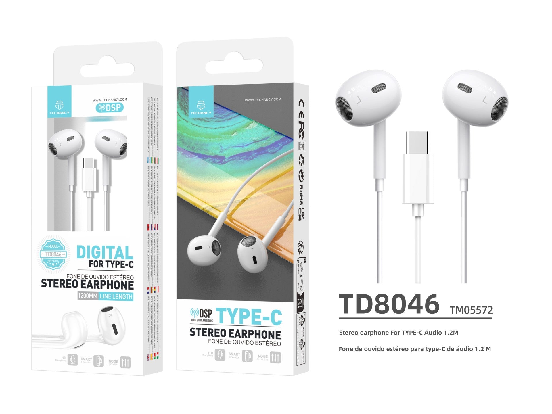 Techancy Auricular Estéreo Tipo C Branco TD8046, Com Microfone, Controlo Do Volume De Chamadas, Plug And Play