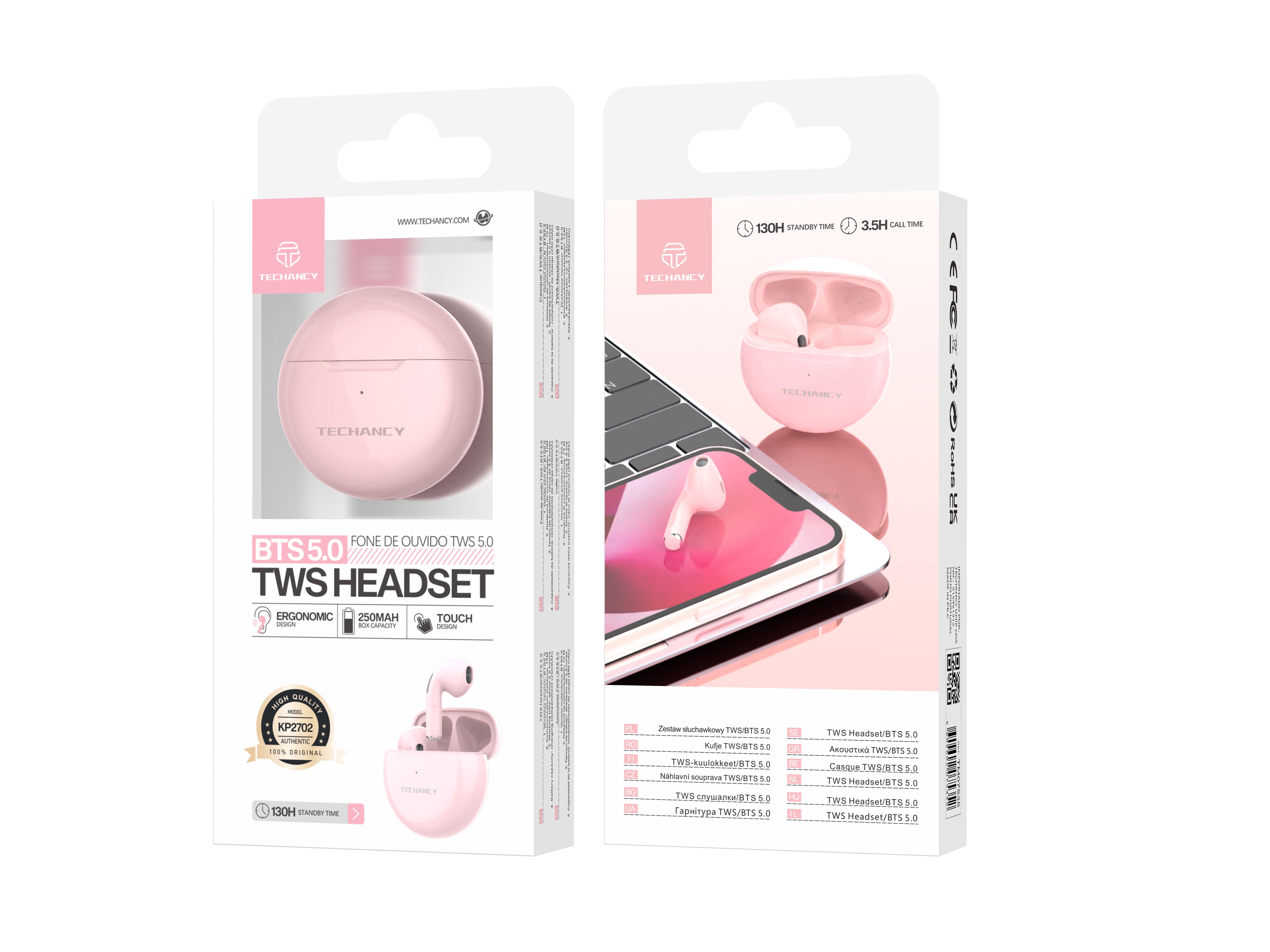 Techancy Pink Wireless Headphones KP2702, 10M Wireless Stereo Connection, 3-4 Hours Music Playback