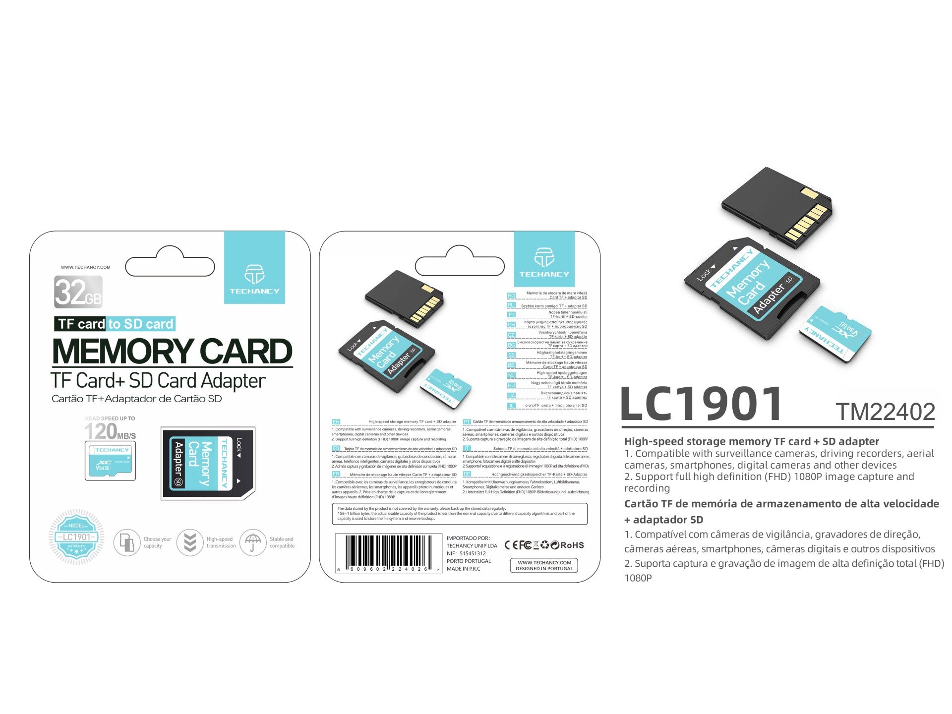 Techancy Cartão De Memória Micro Sd De Alta Velocidade LC1901,32GB Com Adaptador, Compatível Com Telemóveis, Mp3, Câmaras, Etc.
