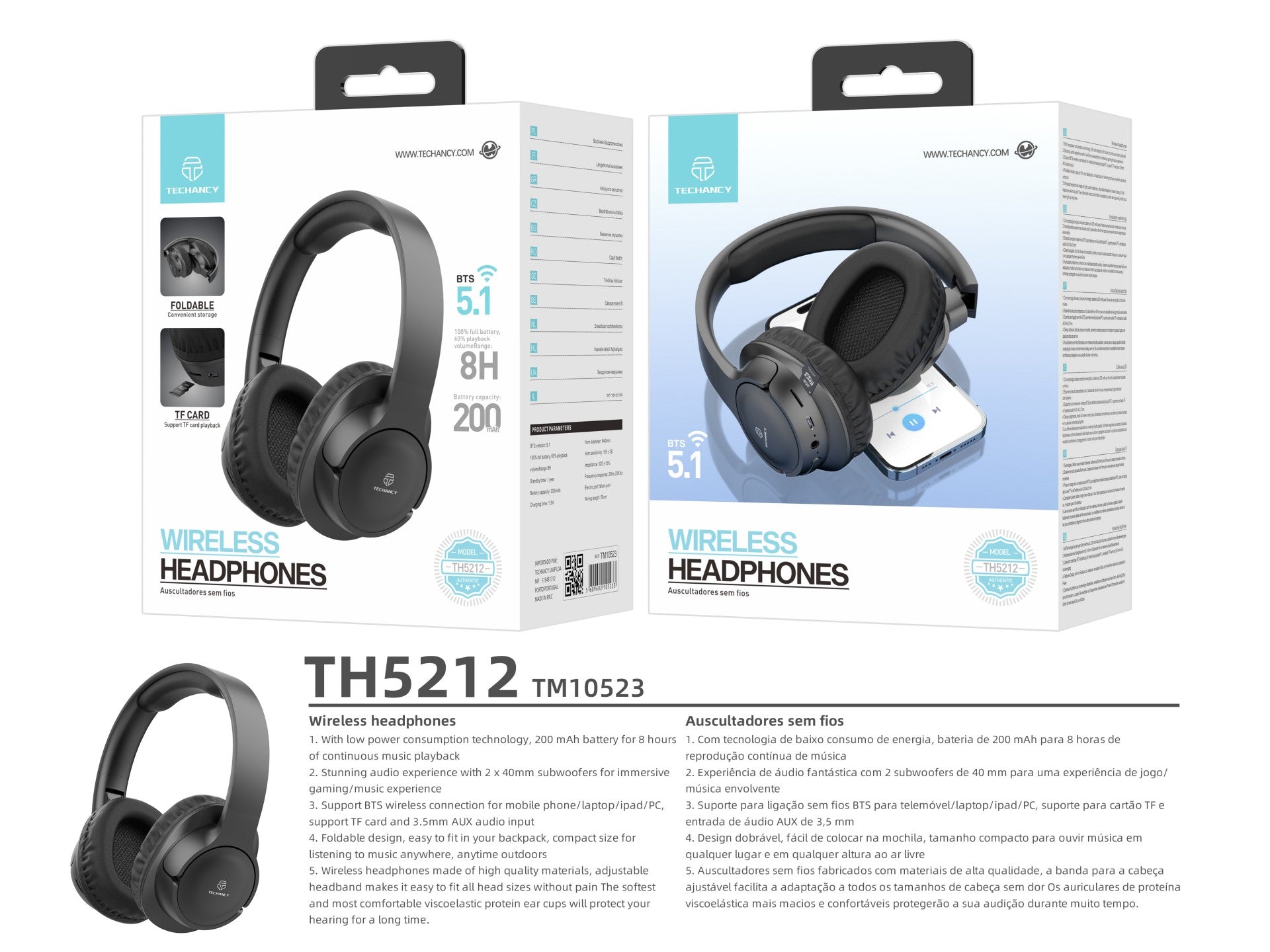 Techancy Wireless Headphones TH5212, 8h Music Playback, Stereo Effect, Foldable Design, Comfortable to Wear.