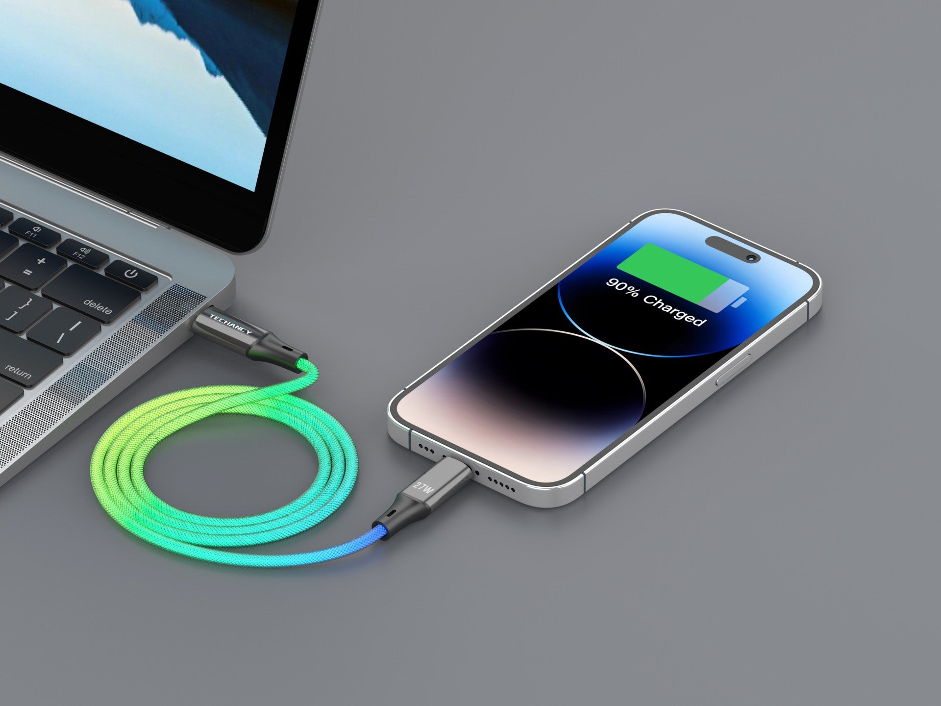 Techancy Cabo De Dados De 1m TB1799, Usb-C Para Ip11-14, Efeitos De Iluminação Rgb, Carregamento Rápido De 27w.