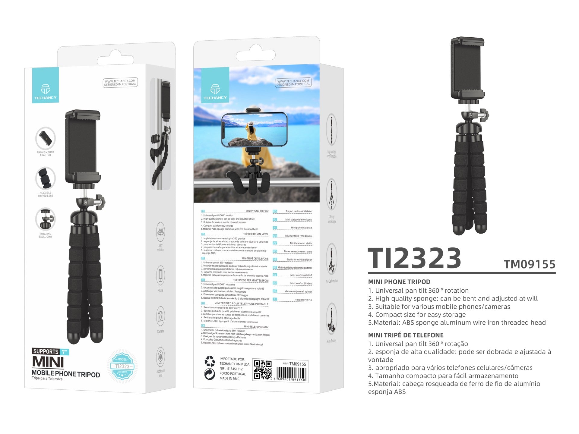 Techancy Mini Tripé Preto Ti2323 Com Pernas Dobráveis, Incl. Cabeça Esférica, Rotação De 360° Para Câmaras E Telemóveis