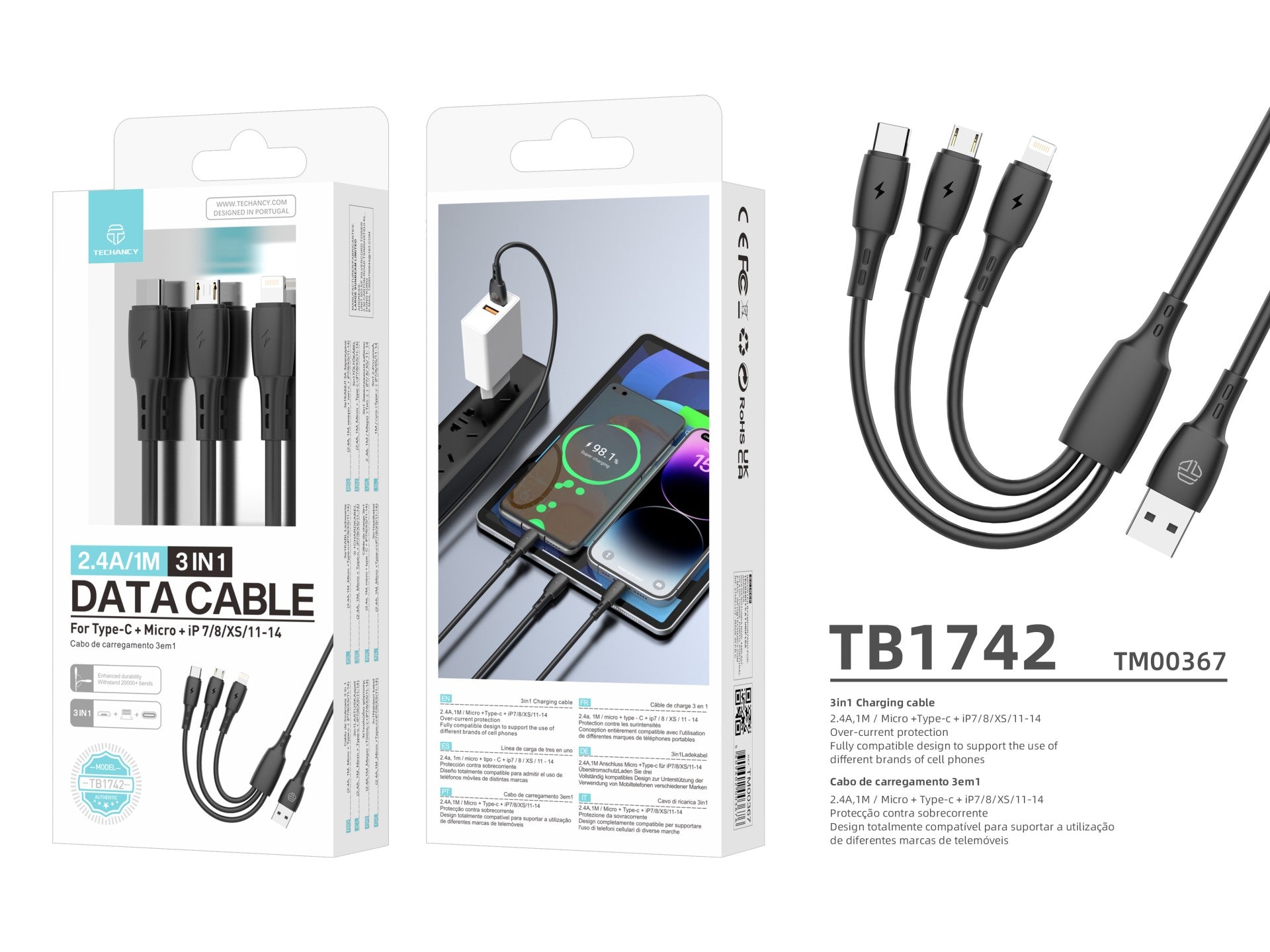 Techancy Cabo 3 em 1 TB1742, 2.4A, 1m Preto, USB-C/Micro/Lightning, CompatIvel com Dispositivos Diversos, Design Resistente