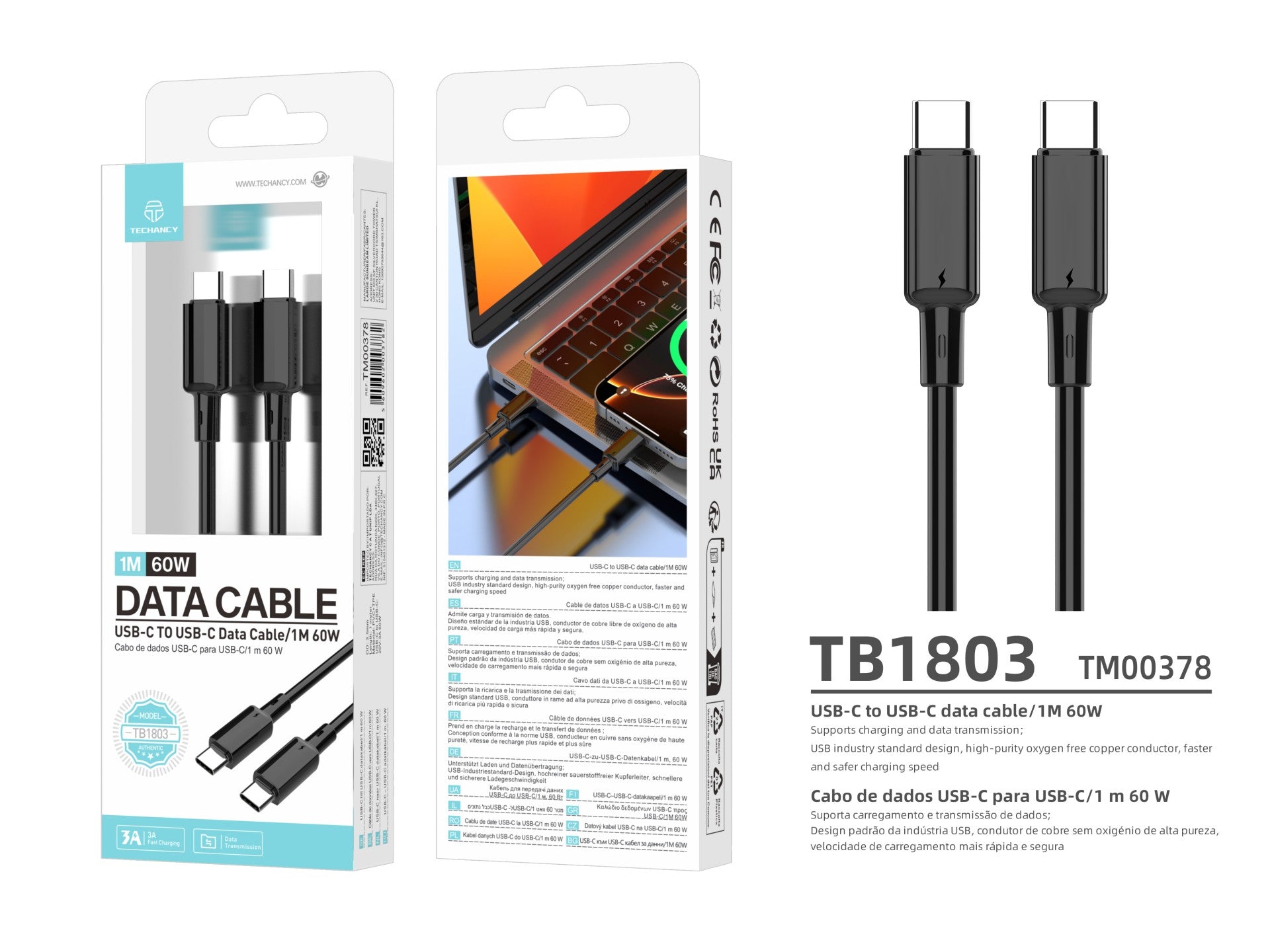Techancy Cabo USB C para USB C TB1803 1m 60W Carregamento rapido e dados para Telemovel Tablet Portatil Preto