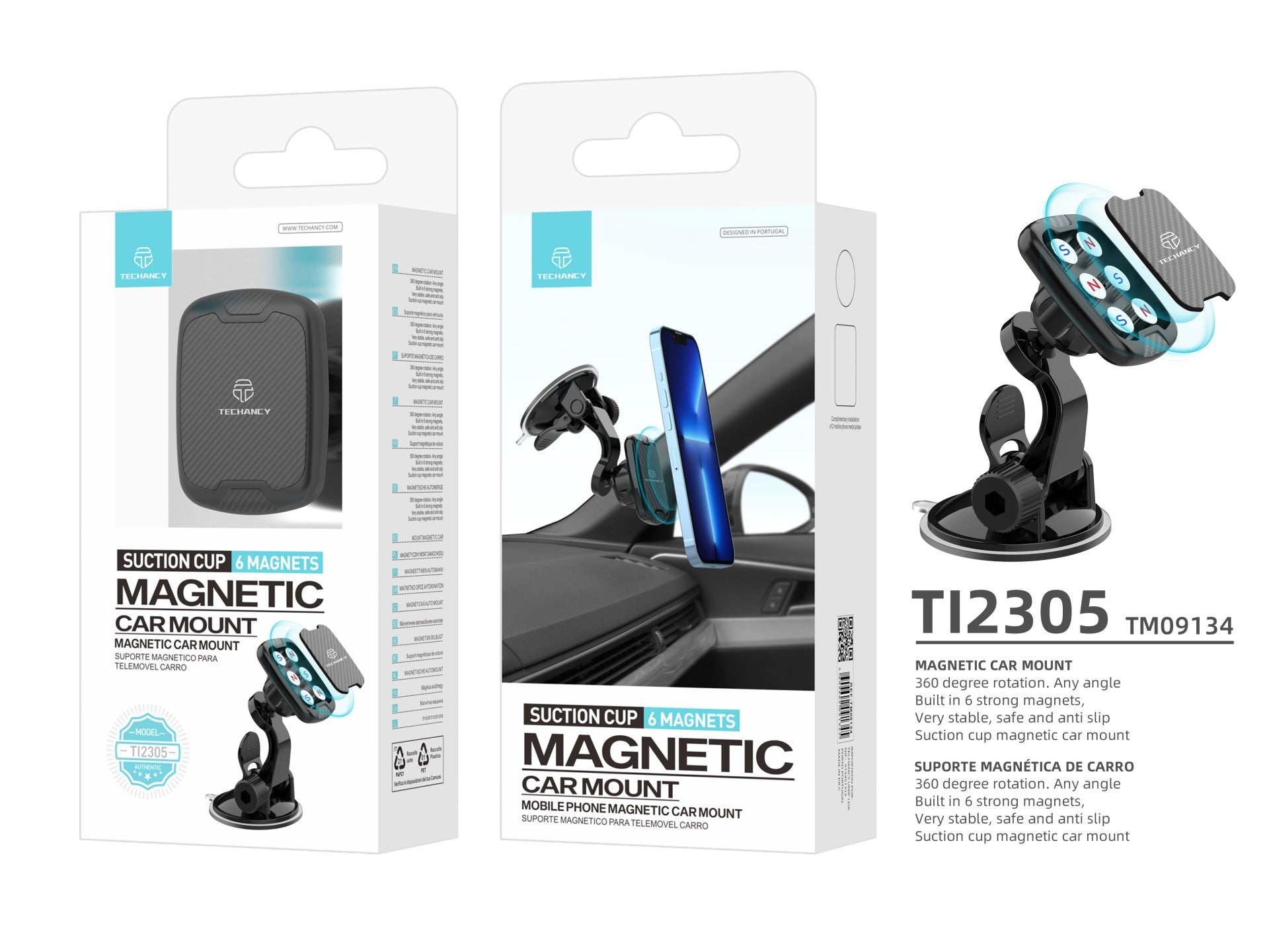 Techancy Suporte Magnético Para Telemóvel Para Automóvel Ti2305, Suporte Para Rotação De 360 Graus, Fixo Em Qualquer Ângulo