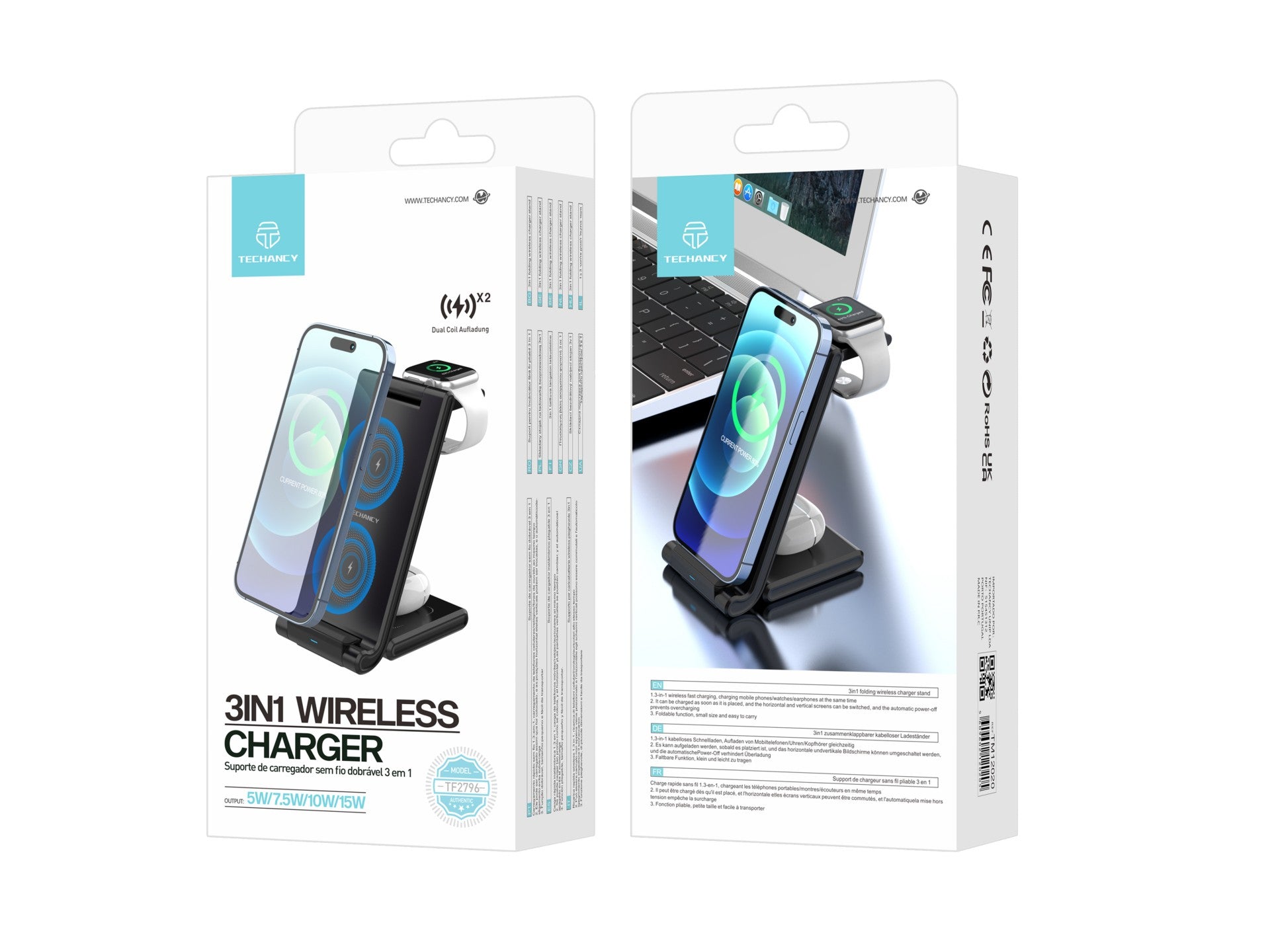 Cargador inalámbrico Techancy 3 en 1 de 15 W TF2796, compatible con teléfonos, auriculares y relojes con pantalla plegable