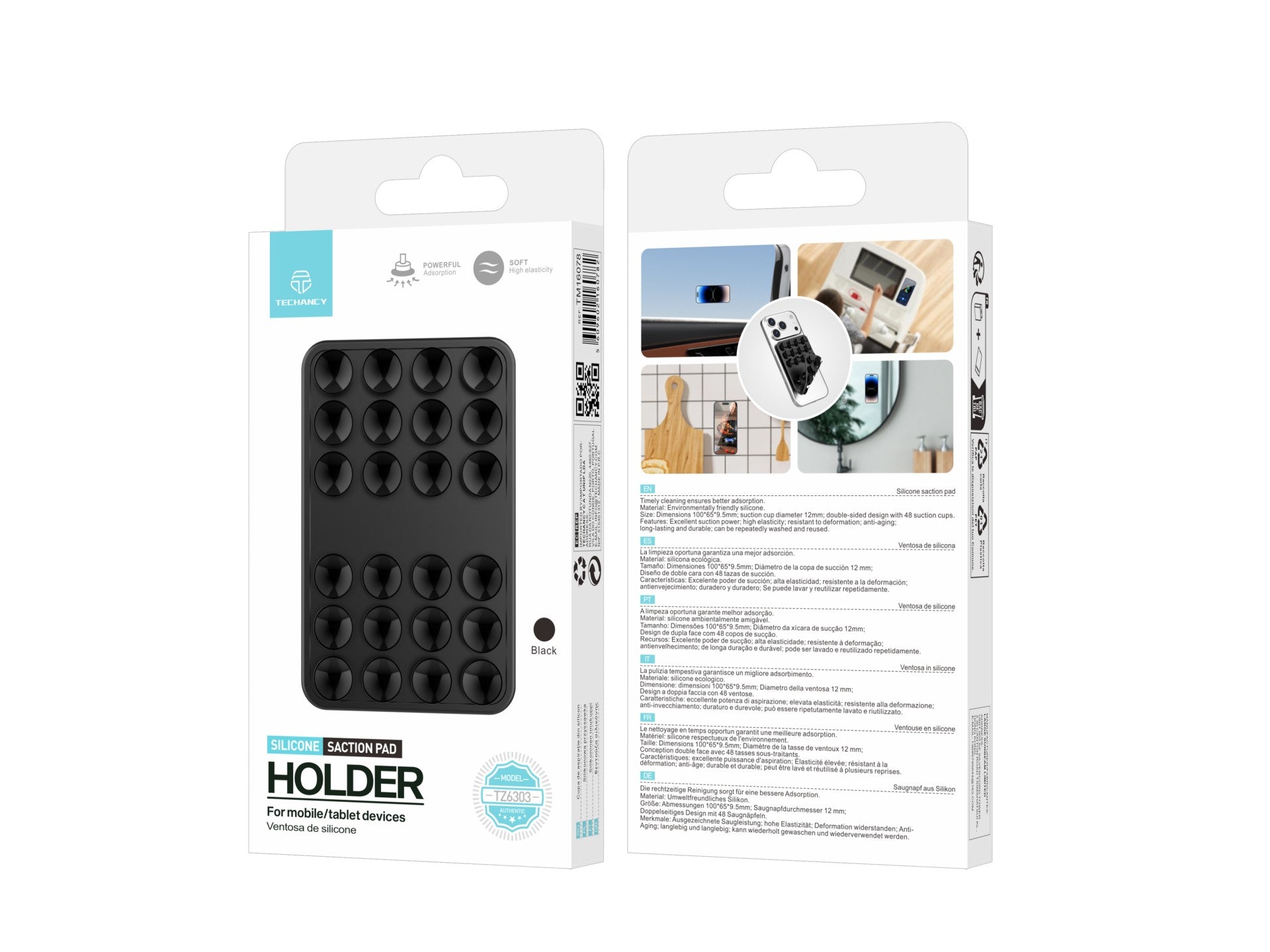 Techancy Silicone Suction Cup Holder TZ6303 Strong Grip Reusable Stable Non-slip for Mobile Phones and Tablets Black