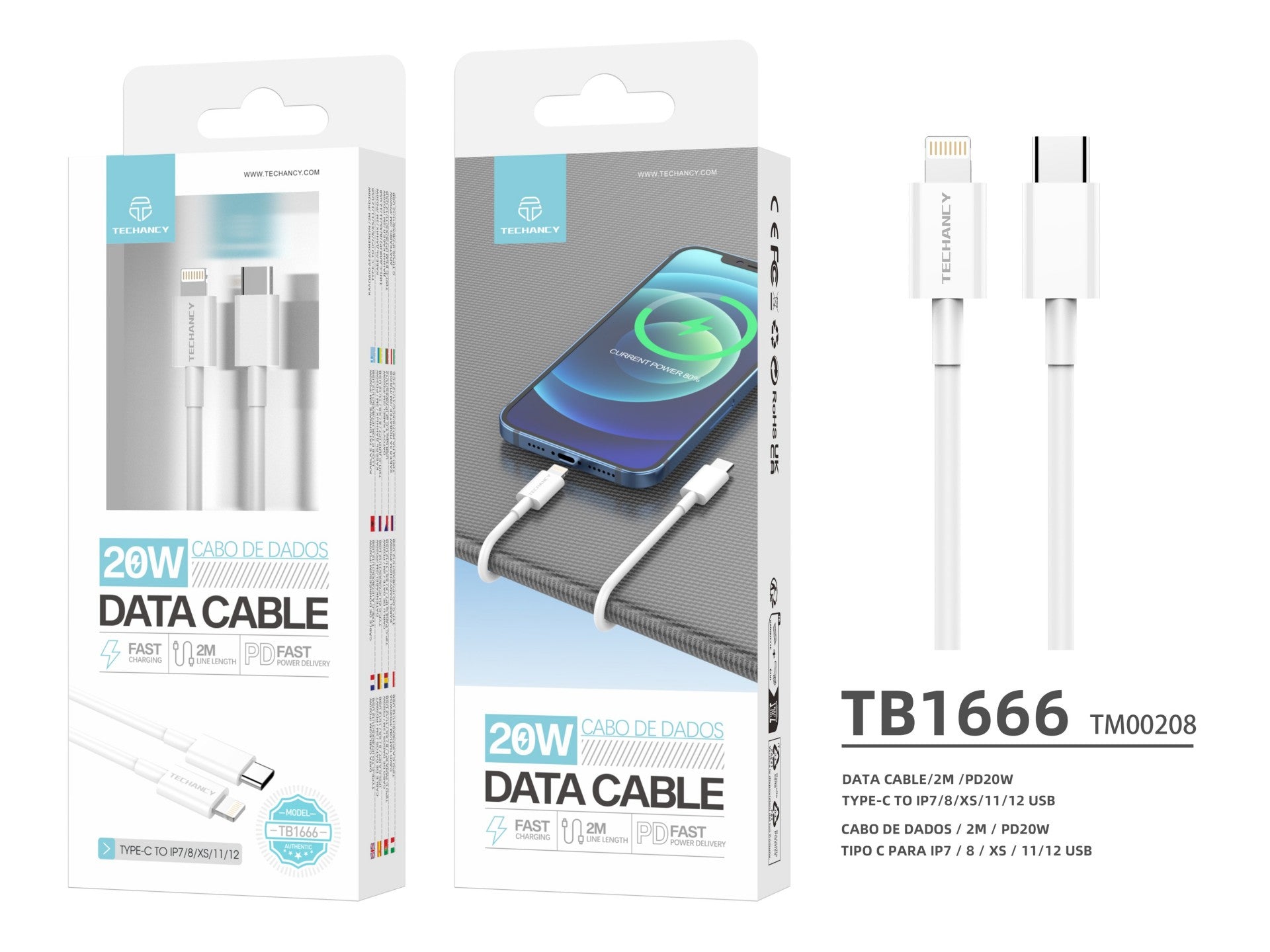 Cable de datos Techancy blanco de 20 W TB1666, compatible con iPhone 7 hasta 14, carga rápida PD, duradero, 2 m