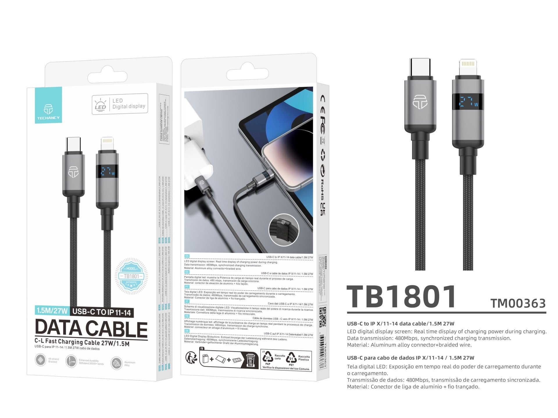Techancy USB-C to Lightning Cable TB1801, 27W, 1.5m Black, LED Power Display, Aluminum Connector, Braided Wire