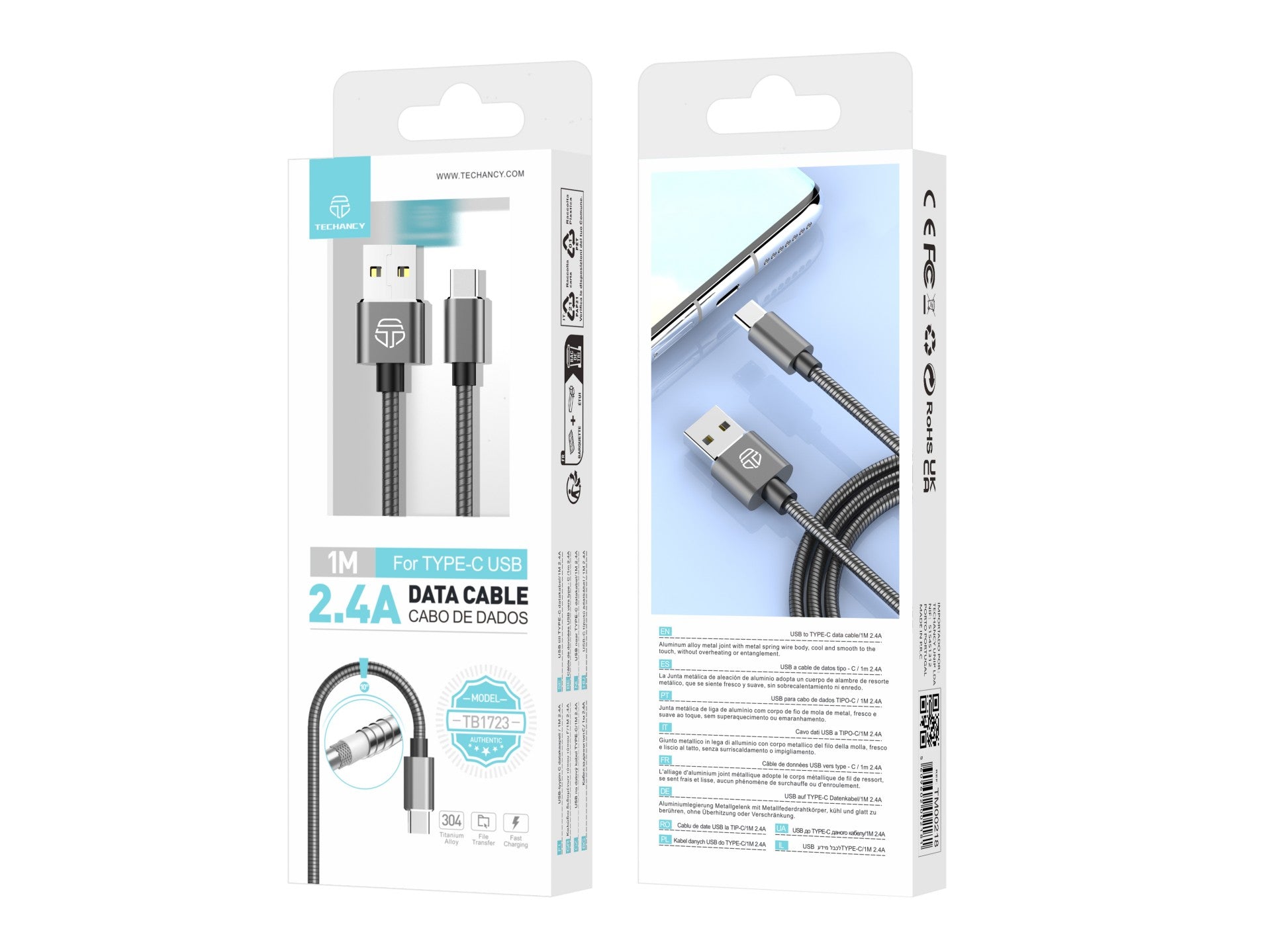 Techancy Cabo De Dados De Alumínio 1m TB1662, Design Totalmente Metálico, Usb-Tipo C, Carregamento De 2,4a.