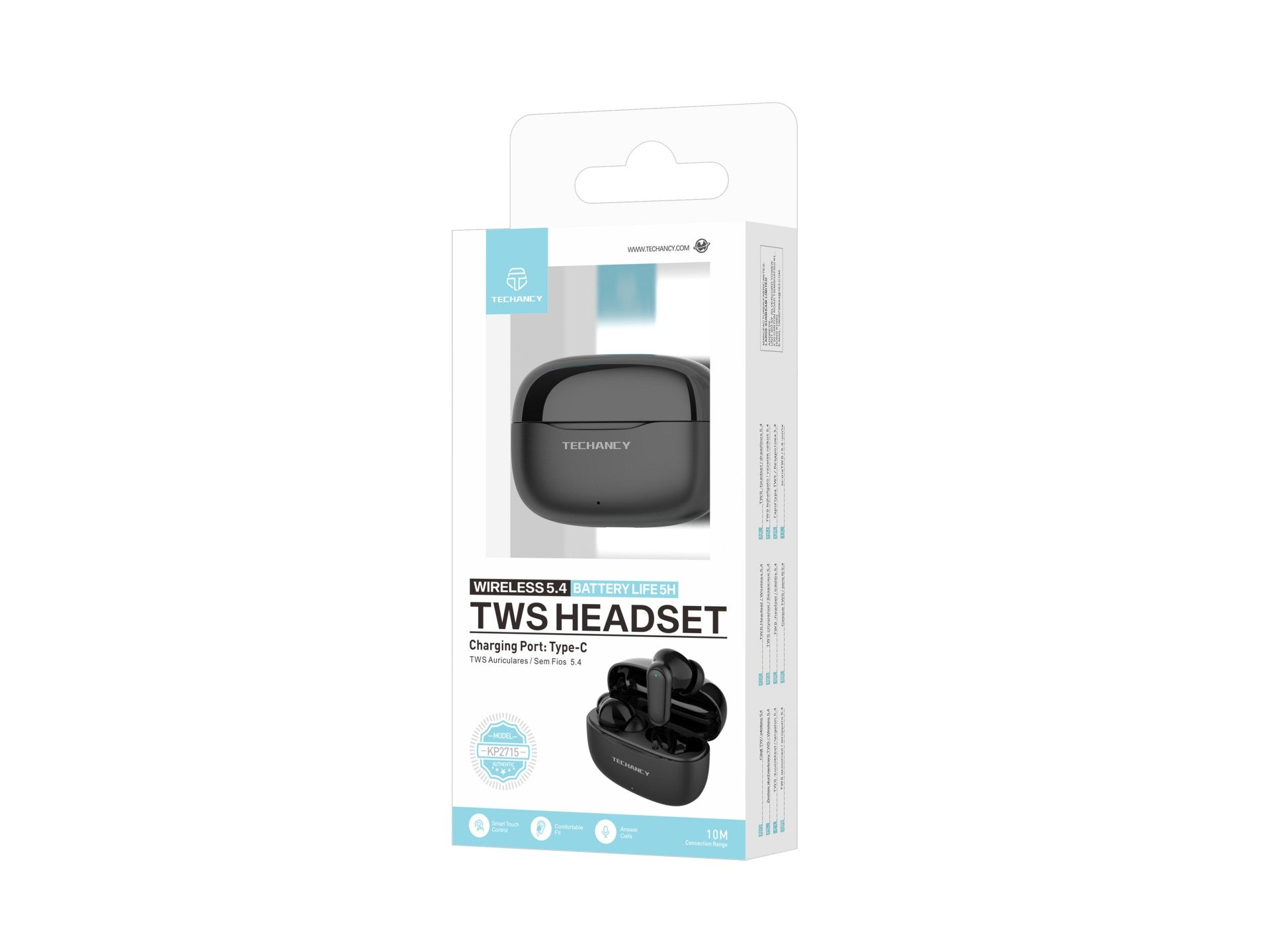 Techancy Bluetooth TWS Wireless 5.4 KP2715 Earphones with HD Microphone, Smart Touch, USB-C for Android and iPhone - Black