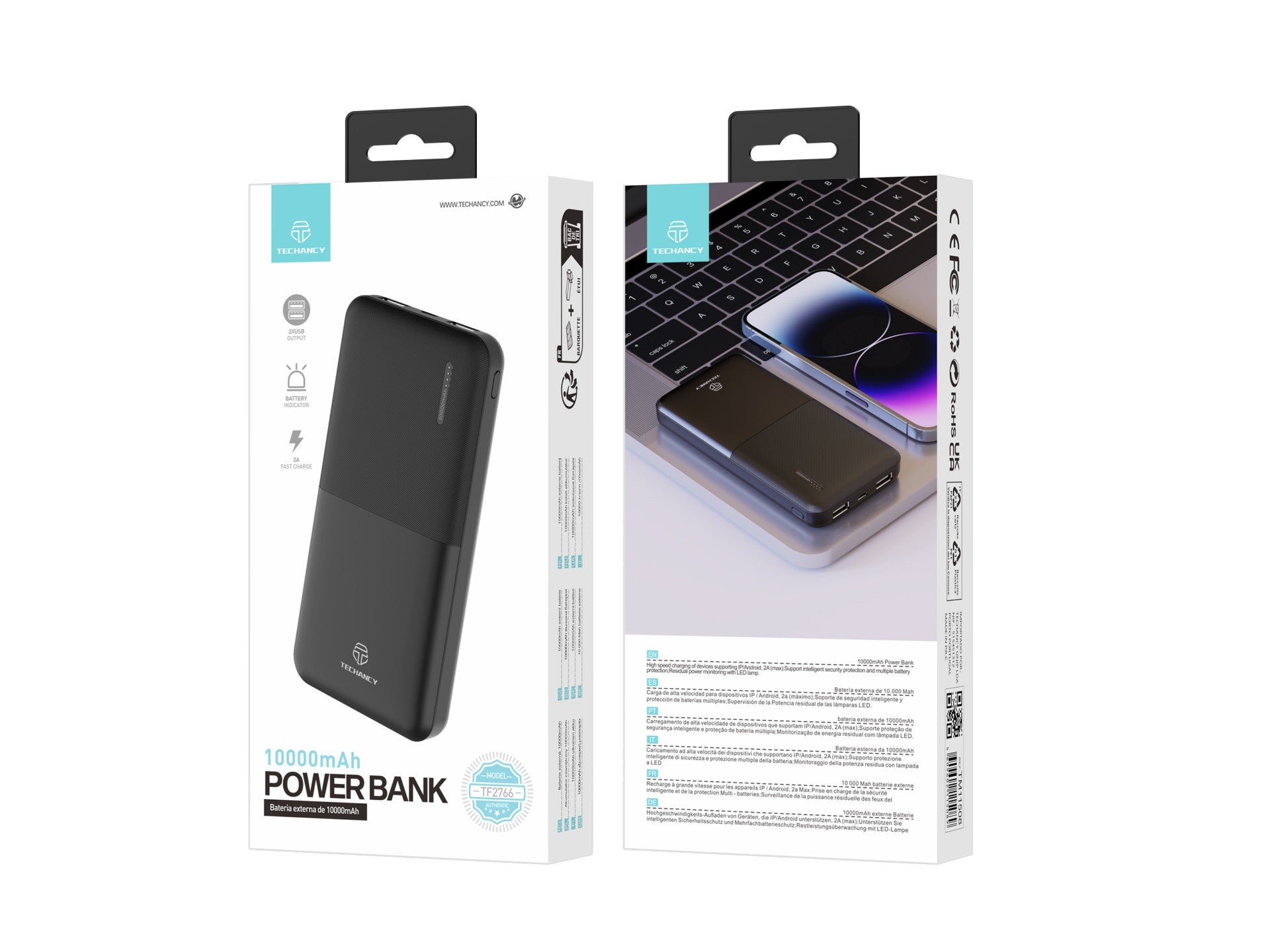 Techancy 10000mah Power Bank Black TF2766,2A Fast Charging, 2 Usb Outputs For Cell Phone/Tablet.