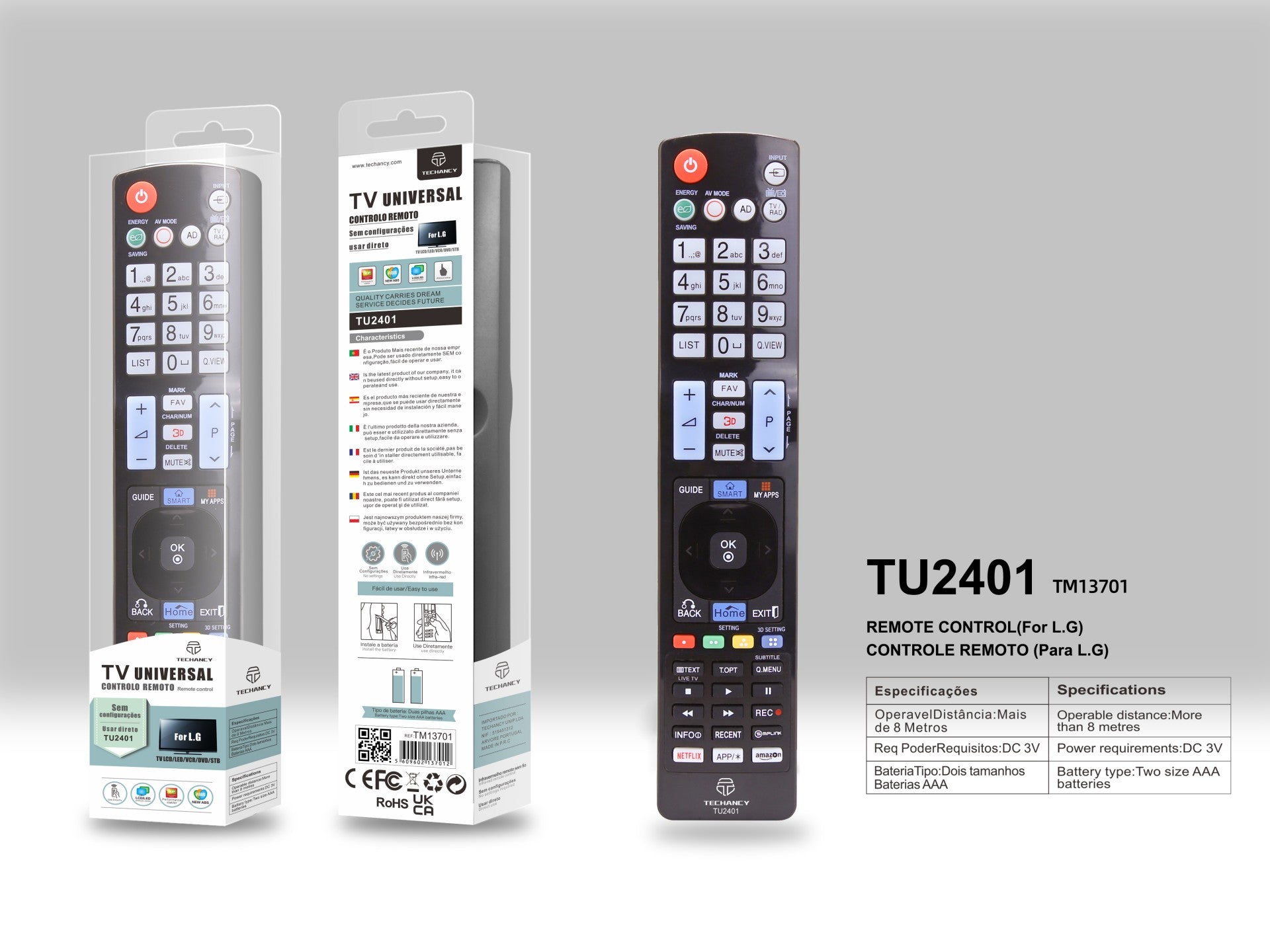Techancy Controlo Remoto Do Televisor TU2401, Alcance Sem Fios De 8m, Compatível Com Televisores Lg, Ligação Auto-Adaptável