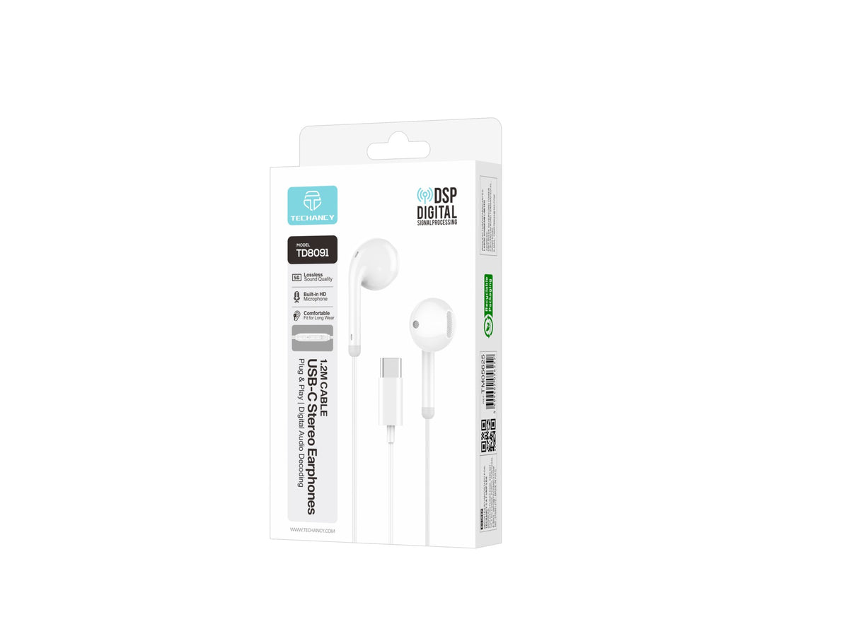 Auriculares USB-C com Fio Techancy TD8091, Som Estereo DSP, Microfone HD, Comandos, Plug and Play, Cabo 1.2m, Branco