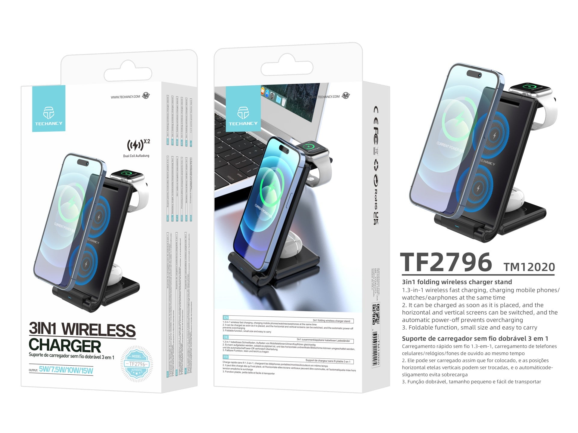 Cargador inalámbrico Techancy 3 en 1 de 15 W TF2796, compatible con teléfonos, auriculares y relojes con pantalla plegable