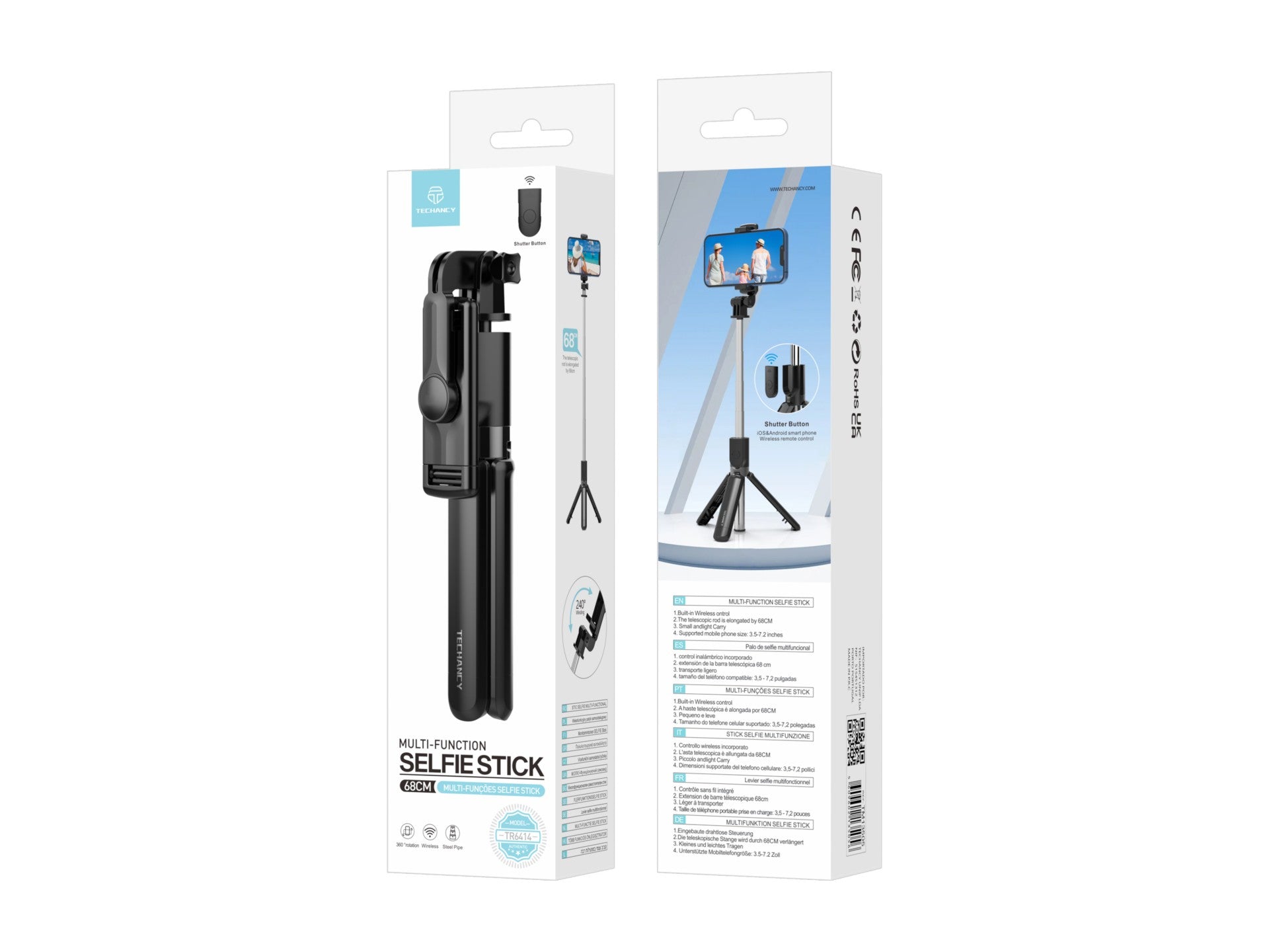 Techancy Bastão De Selfie Multifuncional TR6414, Controlo Sem Fios, 68cm Retrátil, Compacto E Fácil De Transportar,