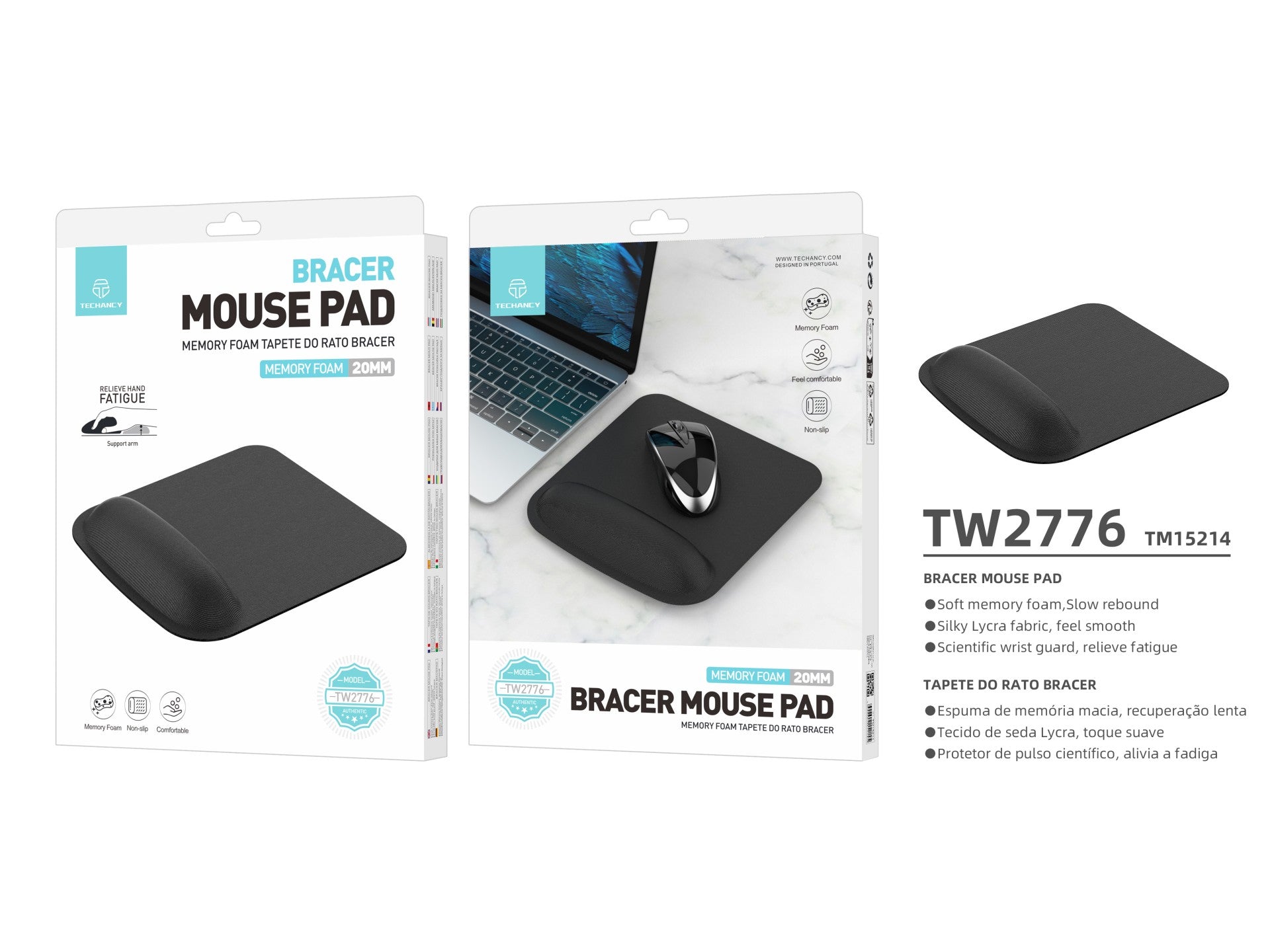 Techancy Black Mouse Pad TW2776, 20mm memory foam, ergonomic wrist support, comfort and fatigue relief