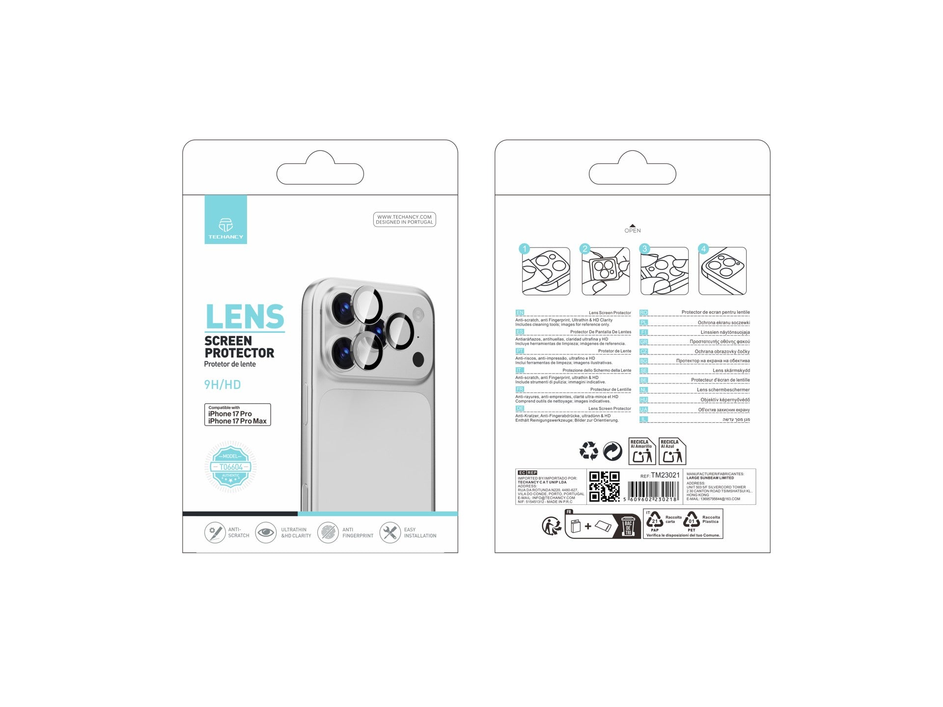 Techancy Protetor de Lente para iPhone 17 Pro e 17 Pro Max TO6004 9H Ultra Fino Alta Definicao Anti Risco Anti Impressao Digital Transparente