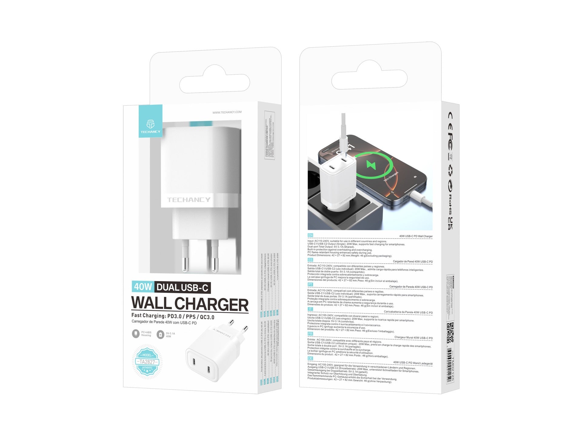 Techancy Carregador 40W Dual USB C PD PPS TA2827 Carregamento rapido para iPhone Android Tablet Adaptador EU Branco