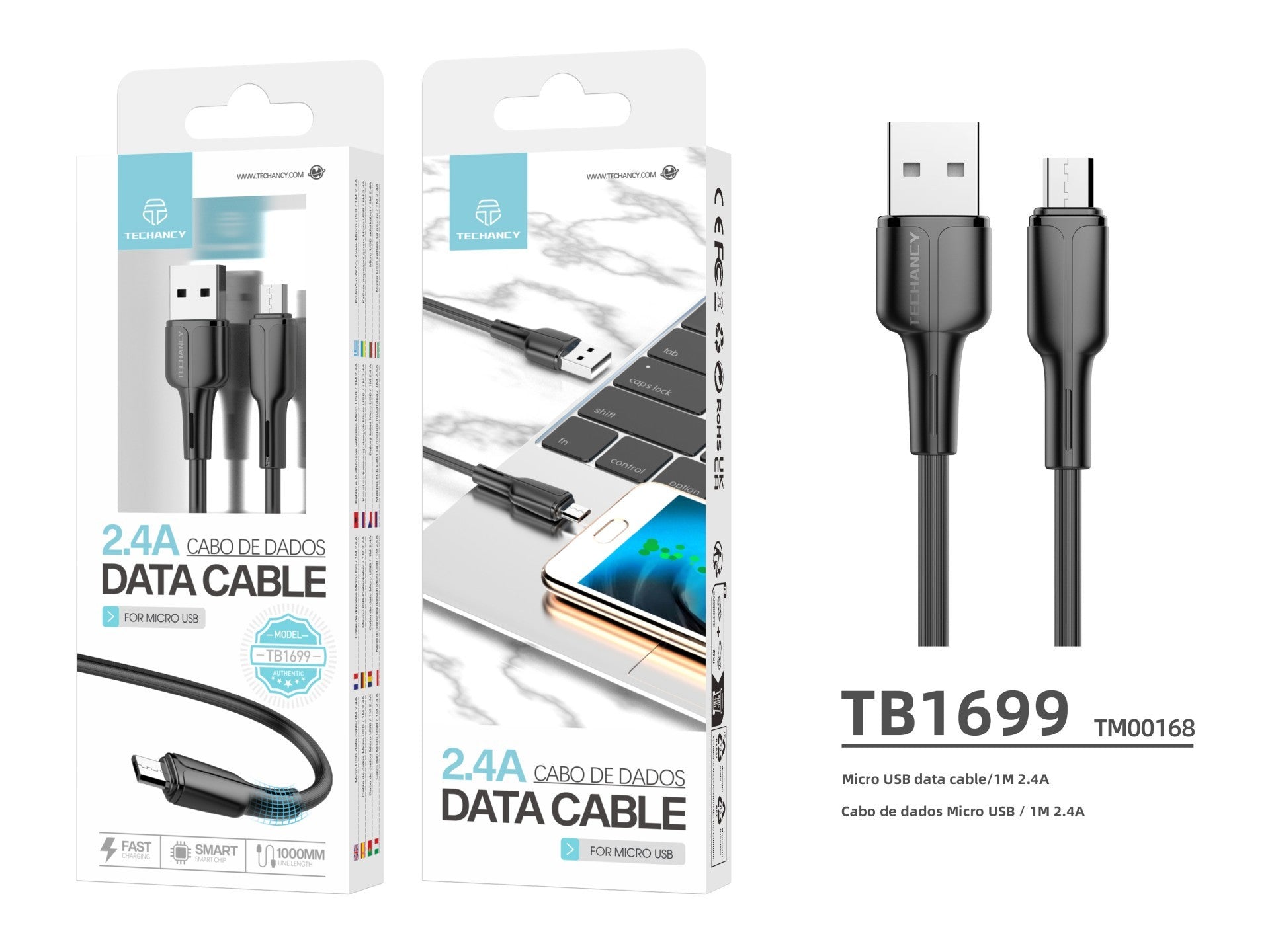 Techancy Cabo De Dados Usb-Micro Preto 1m TB1699, Carregamento Rápido 2.4a, Suporta Transferência De Dados, Material Pvc