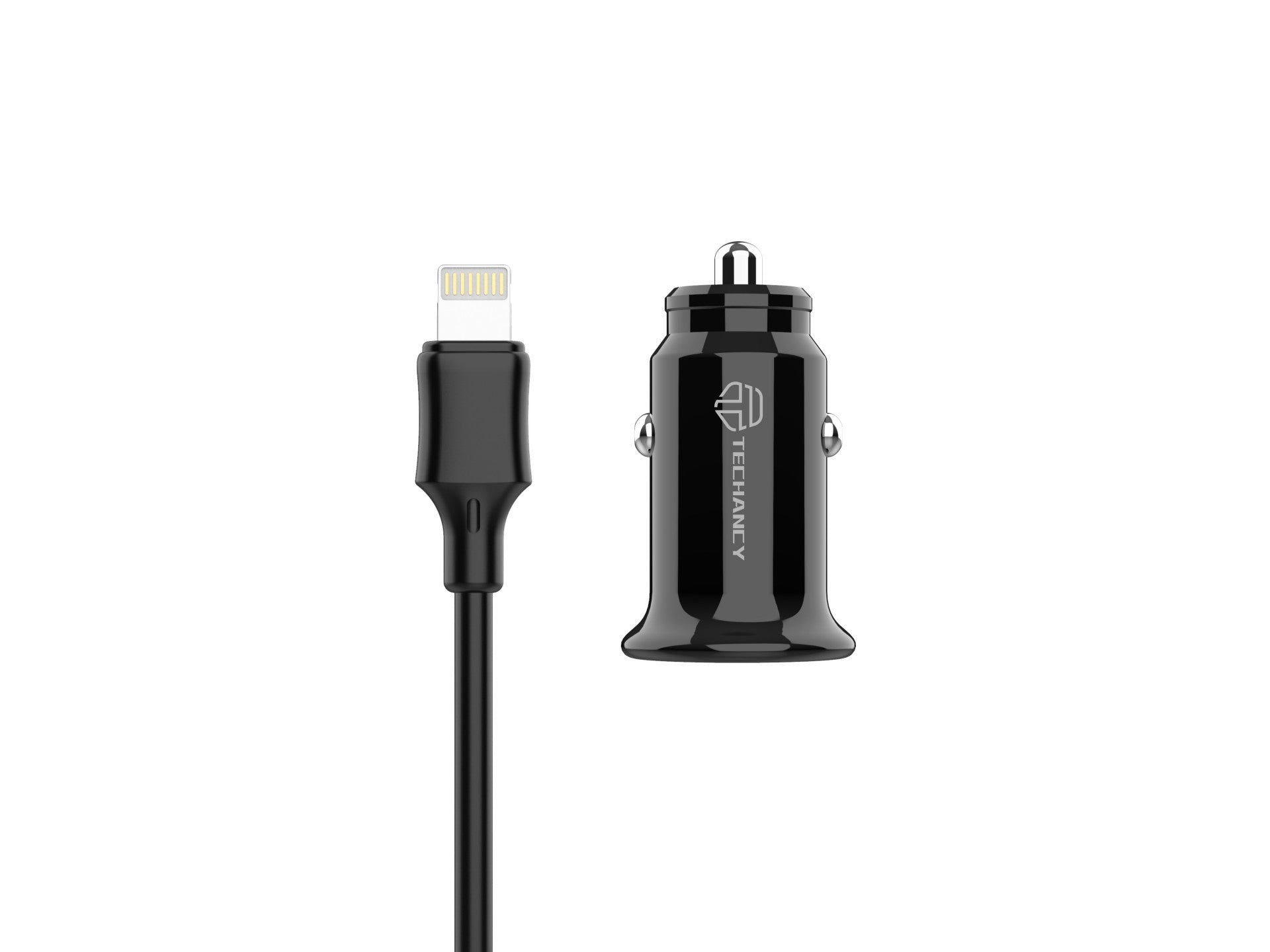 Techancy Carregador De Automóvel Mini TC6408, Carregamento 2usb 2.4A, Kit De Dados Com Cabo Usb-Lightning 1m, Preto