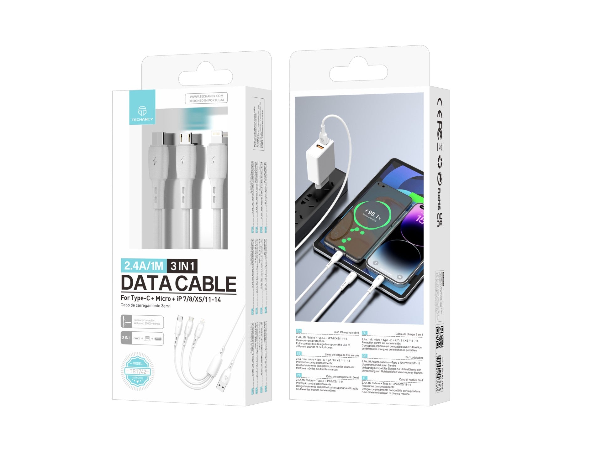 Cable 3 en 1 Techancy TB1742, 2,4 A, 1 m, blanco, USB-C/Micro/Lightning, compatible con varios dispositivos, diseño resistente
