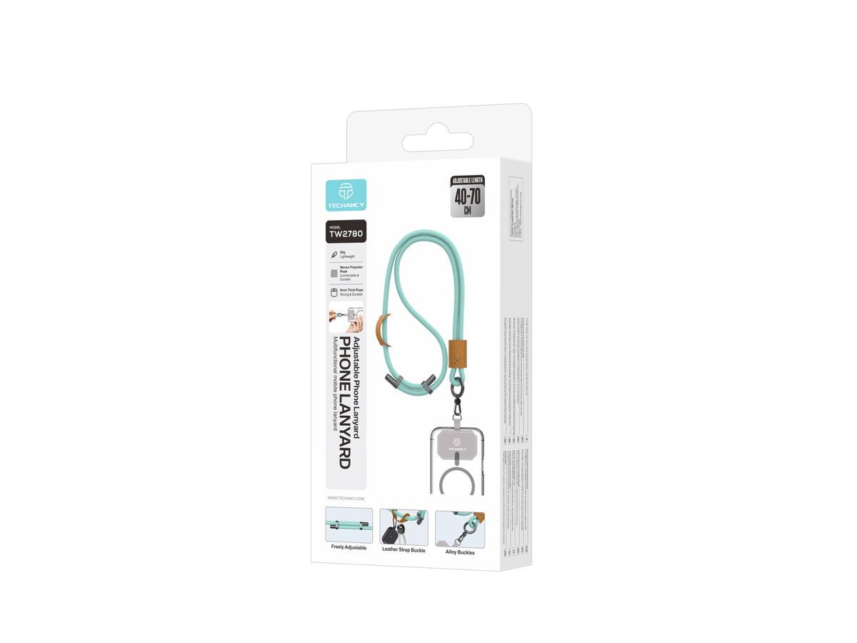 Cordao para Telemovel TECHANCY TW2780, Ajustavel 40-70 cm, Corda Entrancada 8 mm, Pescoco e Tiracolo, Cinza